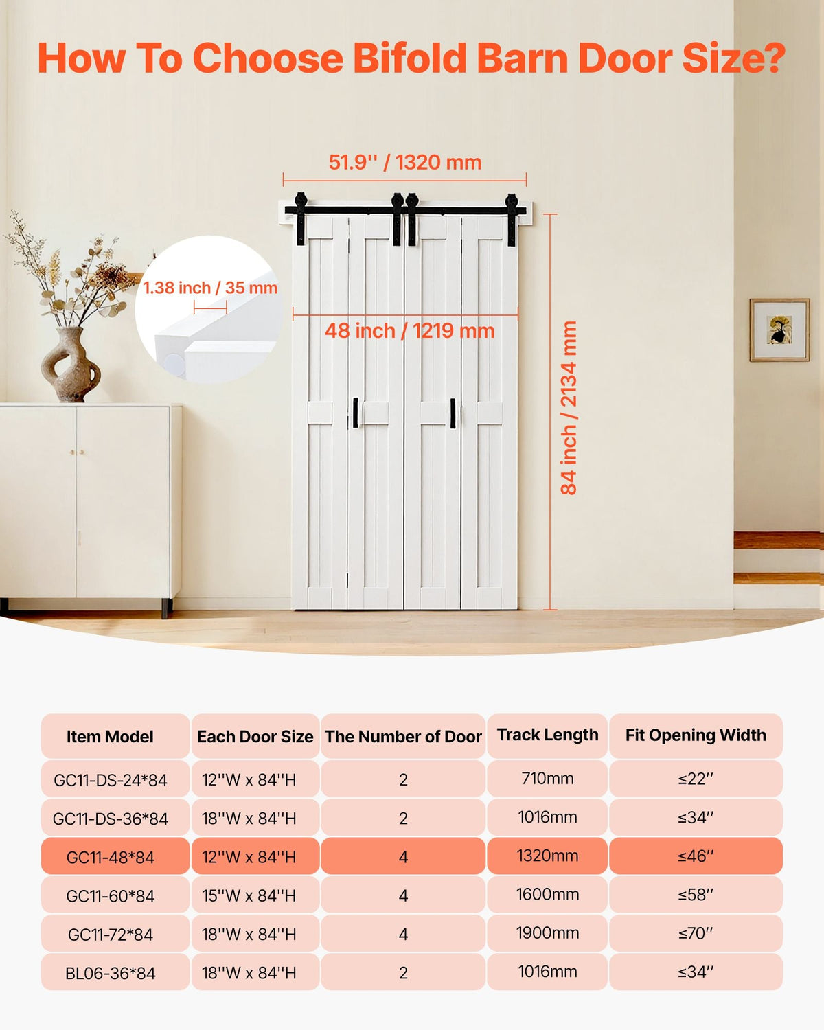 Bifold Barn Door, 48" x 84", MDF Bi-Fold Sliding Closet Doors, Hardware Kit Included, H-Frame Space-Saving Design, Pre-Assembled Panels for Bedroom, Living Room, Wardrobe and Room Divider, White