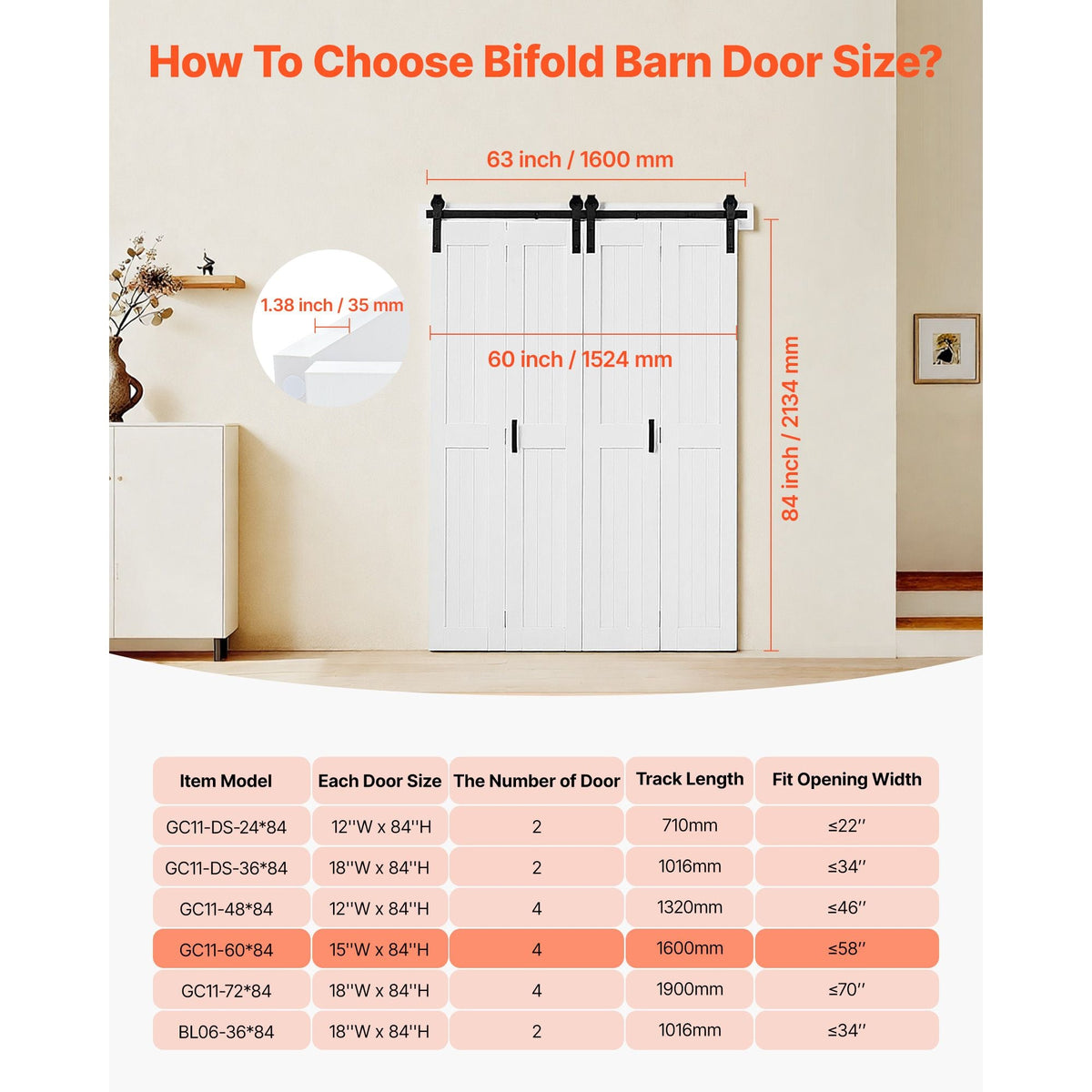 Bifold Barn Door, 60" x 84", MDF Bi-Fold Sliding Closet Doors, Hardware Kit Included, H-Frame Space-Saving Design, Pre-Assembled Panels for Bedroom, Living Room, Wardrobe and Room Divider, White