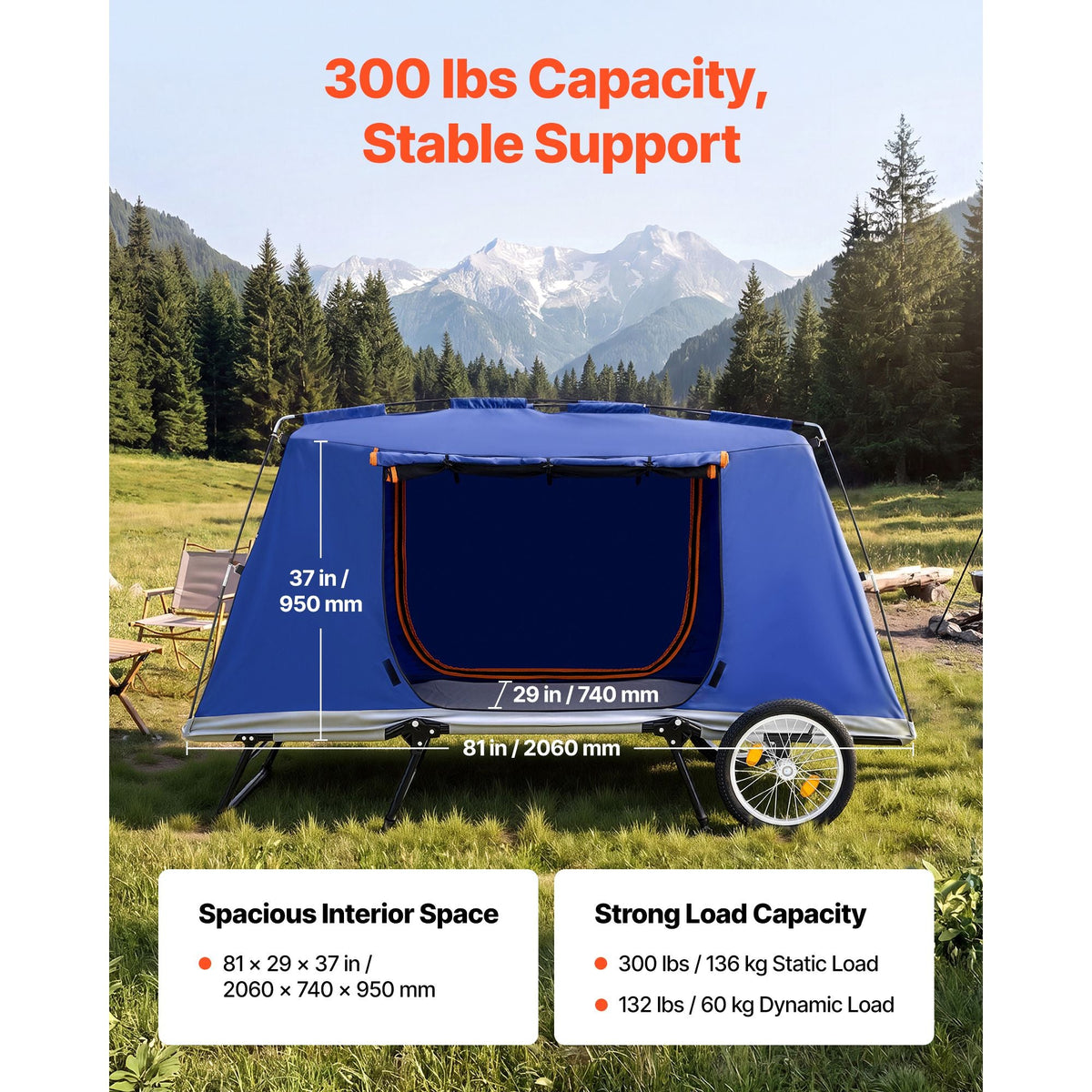 Bike Camper Trailer Tent 300 lbs Static Load Folding Bicycle Wagon, with 16-Inch Wheels, PU2000 Coating, Carbon Steel Frame, Quick Setup, Fits 22-28 in Wheels, for Off-Road Bike Camping & Cargo