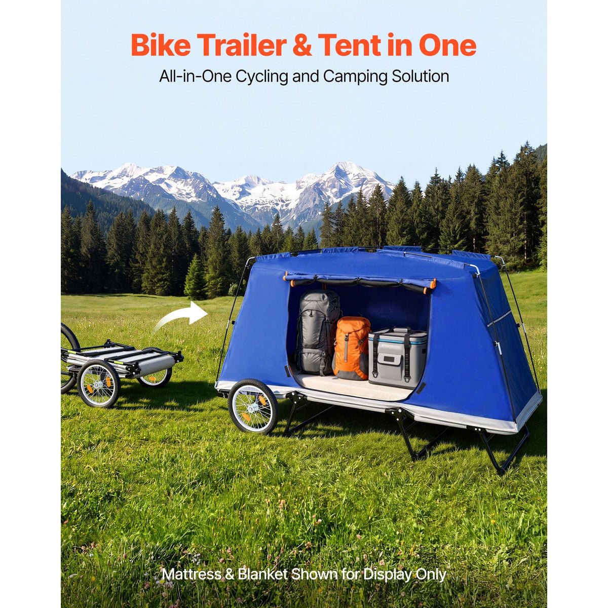 Bike Camper Trailer Tent 300 lbs Static Load Folding Bicycle Wagon, with 16-Inch Wheels, PU2000 Coating, Carbon Steel Frame, Quick Setup, Fits 22-28 in Wheels, for Off-Road Bike Camping & Cargo