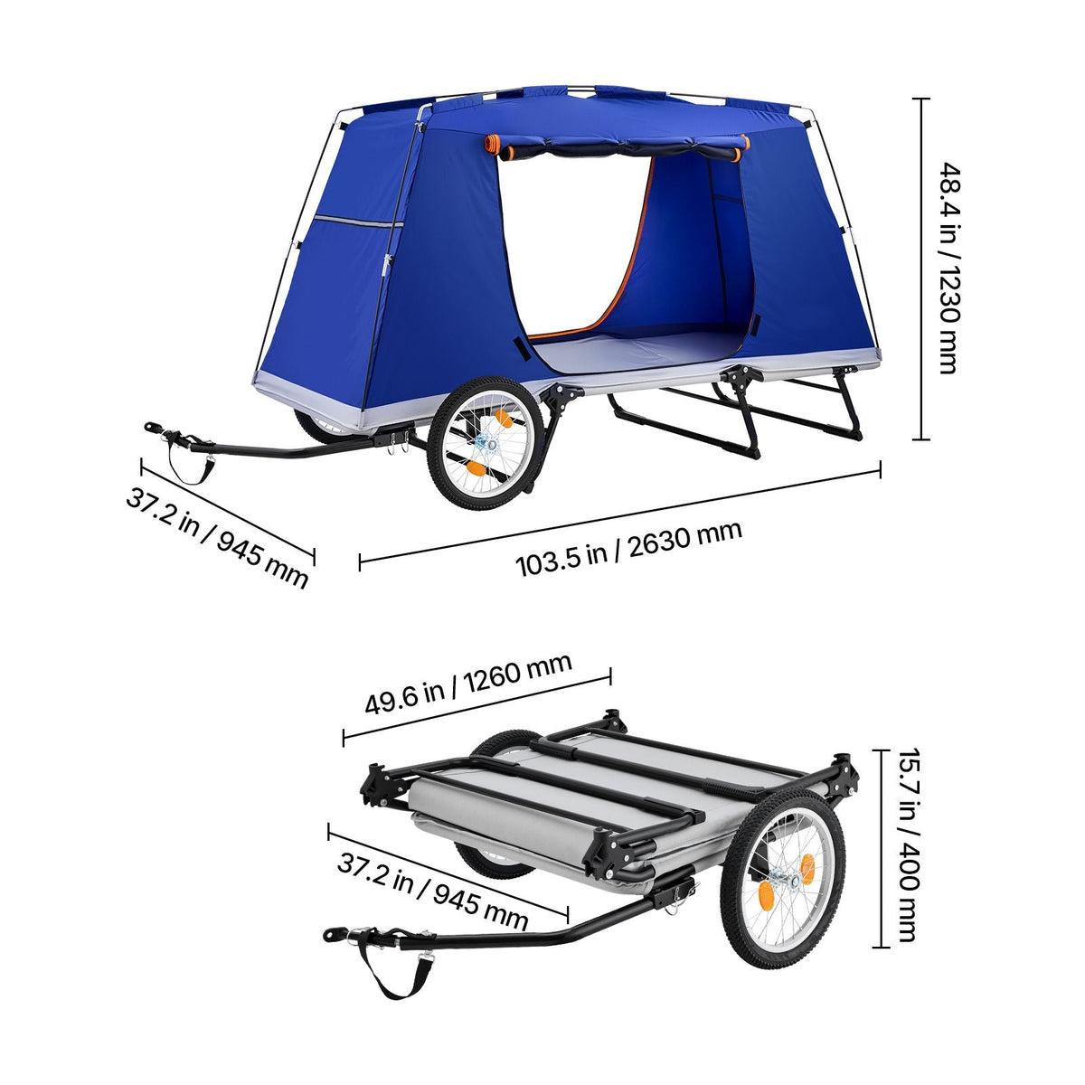 Bike Camper Trailer Tent 300 lbs Static Load Folding Bicycle Wagon, with 16-Inch Wheels, PU2000 Coating, Carbon Steel Frame, Quick Setup, Fits 22-28 in Wheels, for Off-Road Bike Camping & Cargo