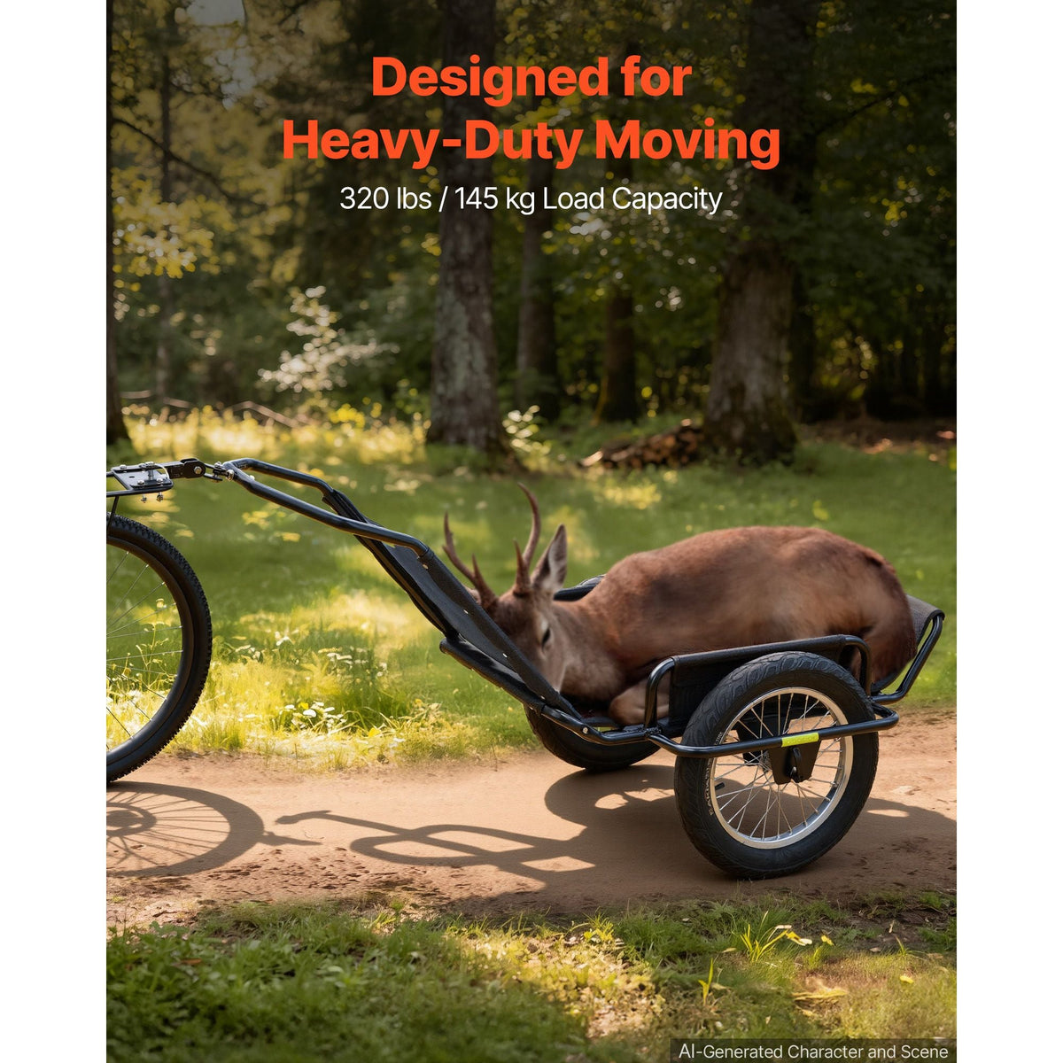 Bike Cargo Trailer 320 lbs Load Heavy-Duty Bicycle Game Cart Foldable, All-Purpose Utility Trailer with 16-Inch Wheels for Any Terrain, Off-Road, Carbon Steel Frame, Fits 22-28 in Bike Wheels
