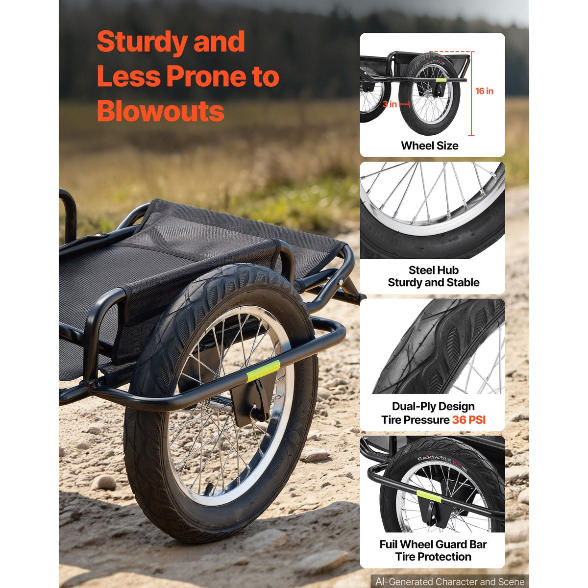 Bike Cargo Trailer 320 lbs Load Heavy-Duty Bicycle Game Cart Foldable, All-Purpose Utility Trailer with 16-Inch Wheels for Any Terrain, Off-Road, Carbon Steel Frame, Fits 22-28 in Bike Wheels