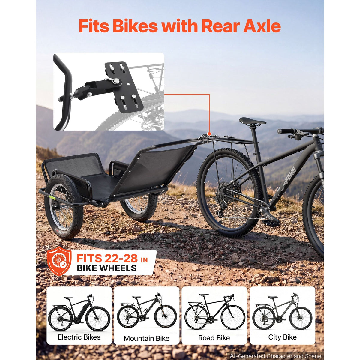 Bike Cargo Trailer 320 lbs Load Heavy-Duty Bicycle Game Cart Foldable, All-Purpose Utility Trailer with 16-Inch Wheels for Any Terrain, Off-Road, Carbon Steel Frame, Fits 22-28 in Bike Wheels
