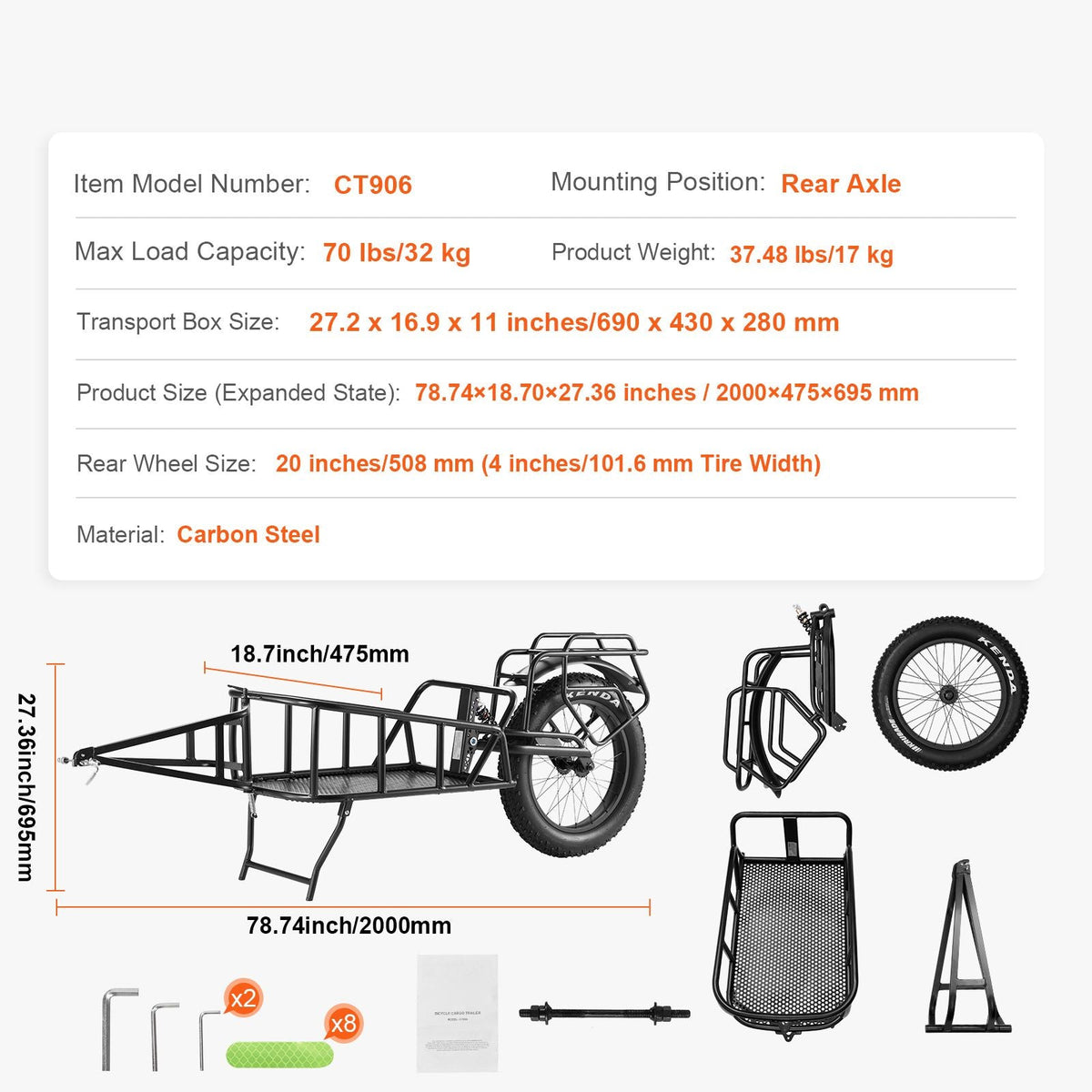 Bike Cargo Trailer, 70 lbs Load Capacity, Heavy-Duty Bicycle Wagon Cart, Compact Storage & Quick Release Structure with Universal Hitch, 20" Wheels, Fits Most Bike Wheels, Carbon Steel Frame