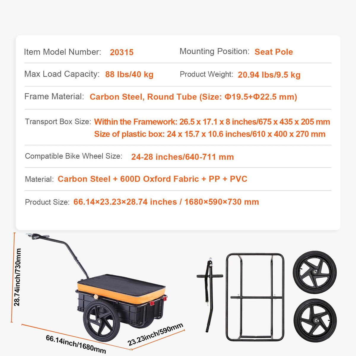 Bike Cargo Trailer, 88 lbs Load Capacity, Heavy-Duty Bicycle Wagon Cart, Foldable Compact Storage with Universal Hitch, Waterproof Cover, 16" Wheels, Safe Reflectors, Fits 24"-28" Bike Wheels