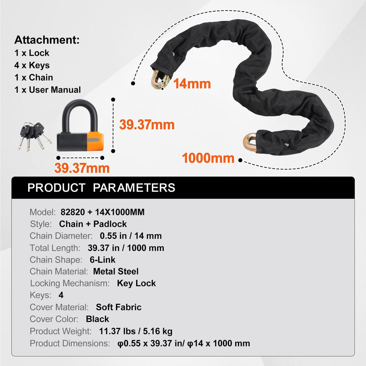 Bike Chain Lock, 3.28 Ft Bicycle Chain Lock with 4 Keys, Heavy Duty Metal Steel Anti-Theft High Security Bike Locks, Perfect for Bike, Motorcycle, Scooter, Bicycle, Door, Fence or Gate, 14mm