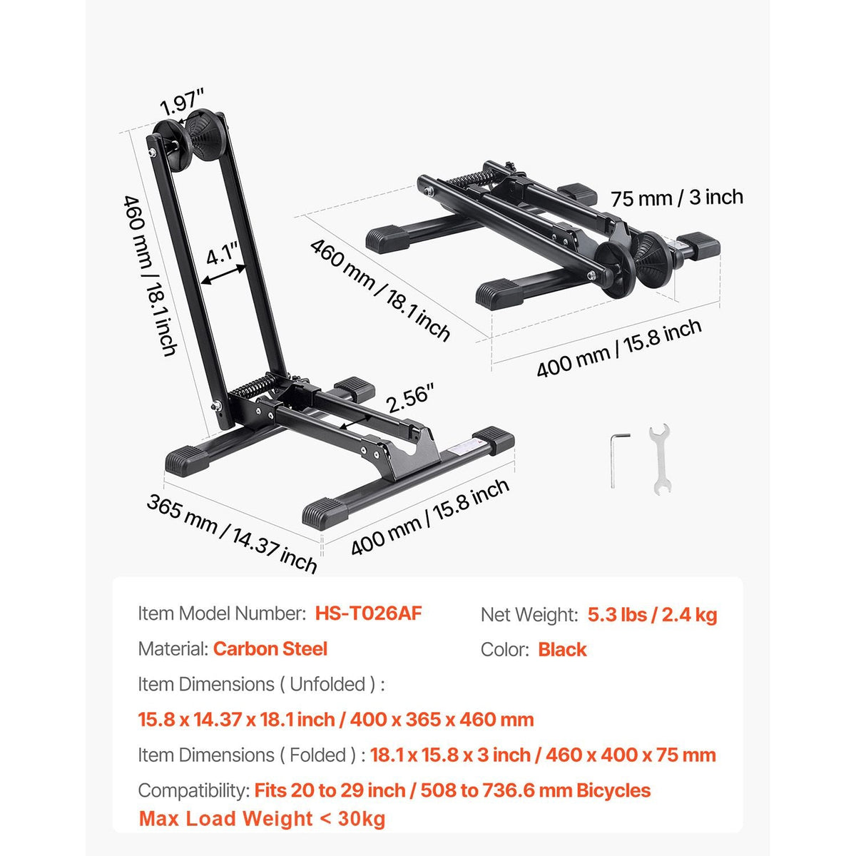 Bike Rack, Fits 20 to 29 Inch Mountain & Road Bikes, Alloy Steel Rust-Resistant Bike Floor Stand Rack, Foldable Bicycle Stand for Entryway, Garage, Home Bikes Parking & Storage, 1 Pack, Black