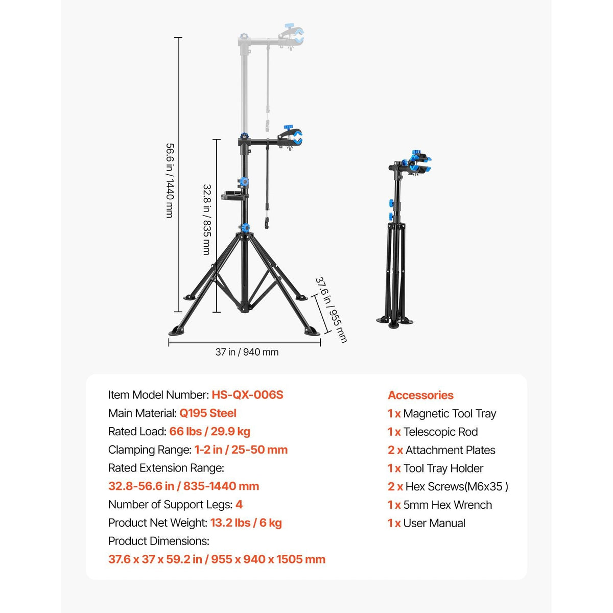 Bike Repair Stand, 66 lb Heavy-duty Bicycle Work Stand with 32.8-56.6 in Adjustable Height & Magnetic Tool Tray, Foldable Bicycle Maintenance Rack, Shop Home Mechanics for Mountain & Road Bike