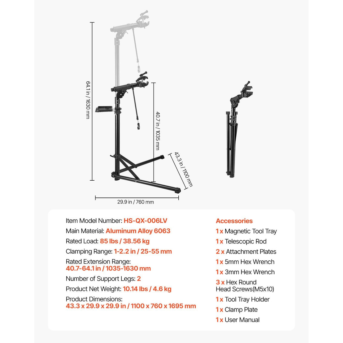 Bike Repair Stand, 85 lb Heavy-duty Bicycle Work Stand with 40.7-64.1 in Adjustable Height & Magnetic Tool Tray, Foldable Bicycle Maintenance Rack, Shop Home Mechanics for Mountain & Road Bike