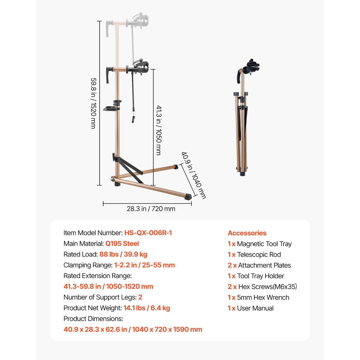 Bike Repair Stand, 88 lb Heavy-duty Bicycle Work Stand with 41.3-59.8 in Adjustable Height & Magnetic Tool Tray, Foldable Bicycle Maintenance Rack, Shop Home Mechanics for Mountain & Road Bike