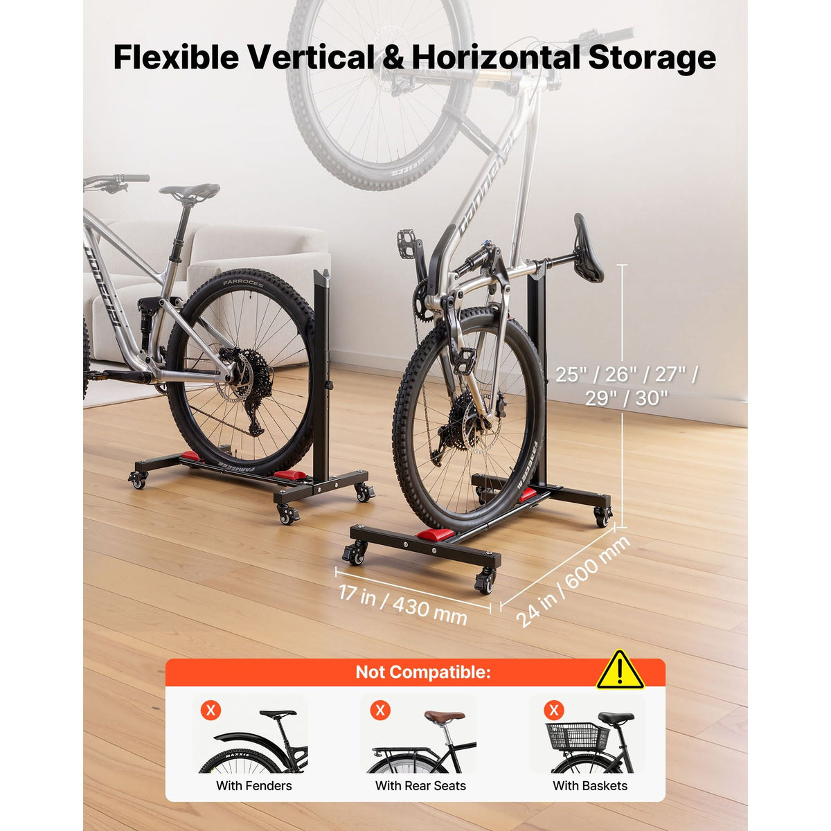 Bike Stand 2 Pack, Freestanding Vertical & Horizontal Bike Storage Rack, with Lockable Casters, Height Adjustable Carbon Steel Upright Garage Bicycle Floor Stand, for 20-29 in Wheels, Black