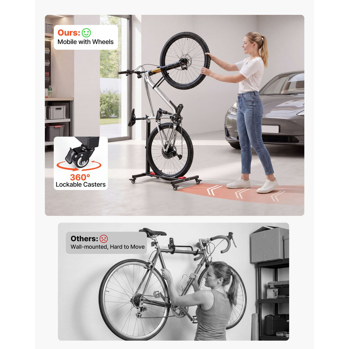 Bike Stand 2 Pack, Freestanding Vertical & Horizontal Bike Storage Rack, with Lockable Casters, Height Adjustable Carbon Steel Upright Garage Bicycle Floor Stand, for 20-29 in Wheels, Black
