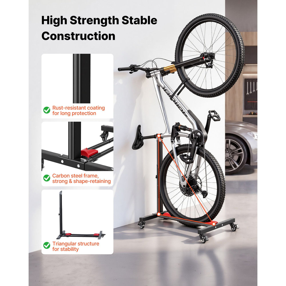 Bike Stand, Freestanding Vertical & Horizontal Bike Storage Rack, with Lockable Casters, Height Adjustable Carbon Steel Upright Garage Bicycle Floor Stand, for 20-29 in Wheel Diameters, Black