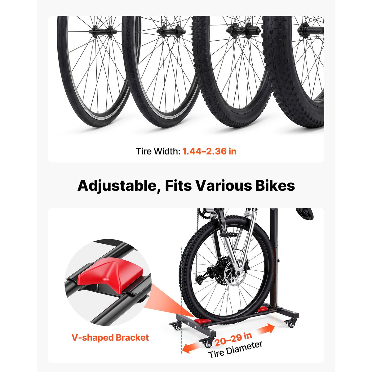 Bike Stand, Freestanding Vertical & Horizontal Bike Storage Rack, with Lockable Casters, Height Adjustable Carbon Steel Upright Garage Bicycle Floor Stand, for 20-29 in Wheel Diameters, Black