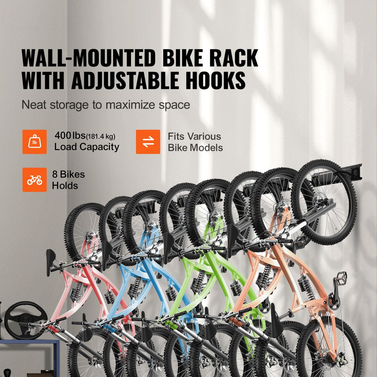 Bike Storage Rack, 8 Bike Racks and 7 Helmets Hooks, Wall Mount Bike Storage Hanger, Home & Garage Organizer, Customizable for Various Bike Sizes, Adjustable Holder, Holds Up to 400 lbs, 72-inch