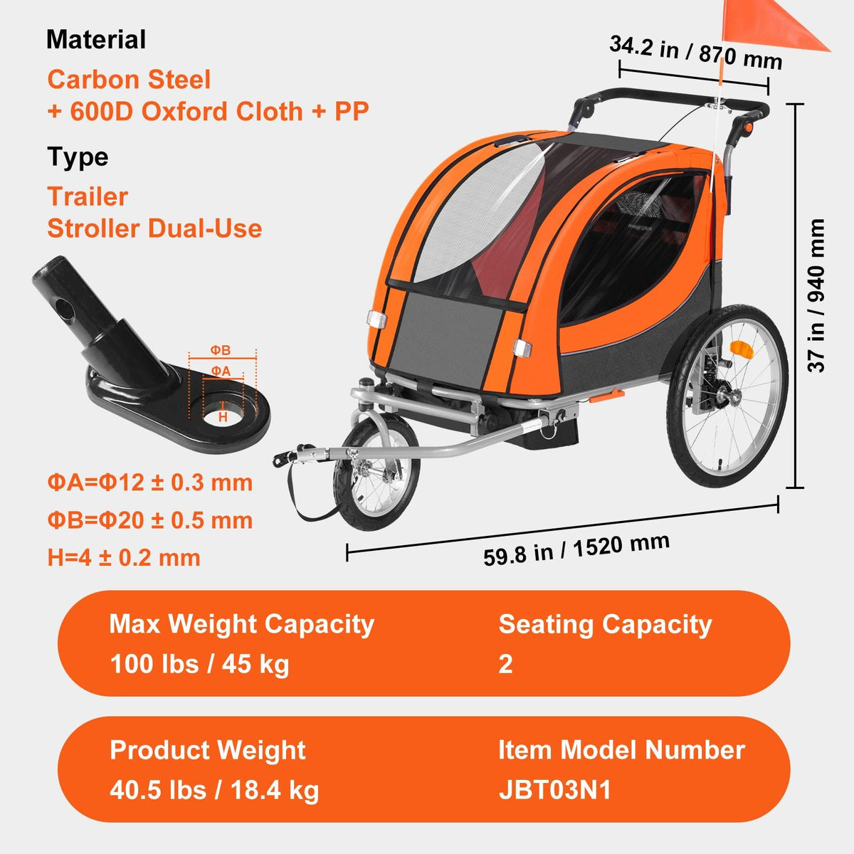 Bike Trailer for Toddlers, Kids, Double Seat, 100 lbs Load, 2-In-1 Canopy Carrier Converts to Stroller, Tow Behind Foldable Child Bicycle Trailer with Universal Bicycle Coupler, Orange and Gray