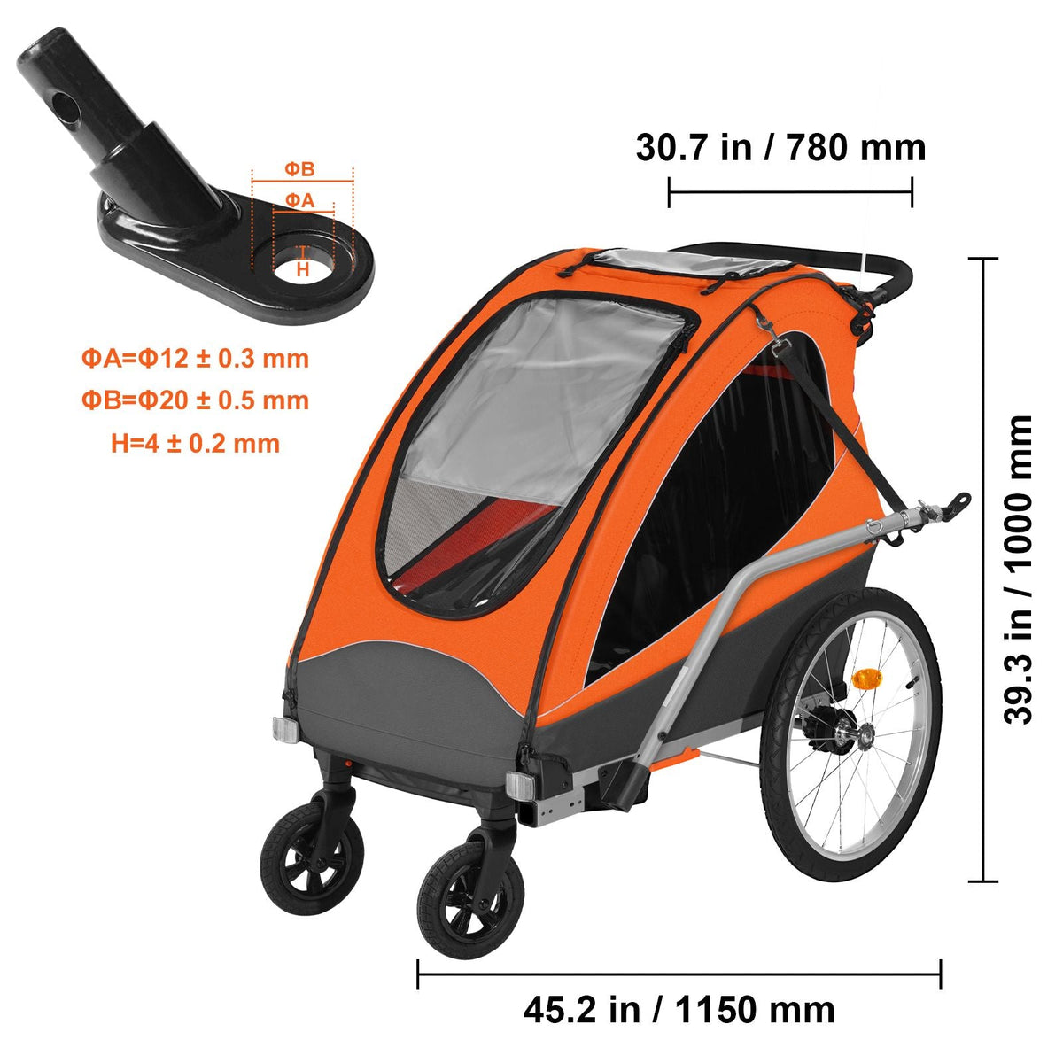 Bike Trailer for Toddlers, Kids, Double Seat, 100 lbs Load, 2-In-1 Canopy Carrier Converts to Stroller, Tow Behind Foldable Child Bicycle Trailer with Universal Bicycle Coupler, Orange and Gray