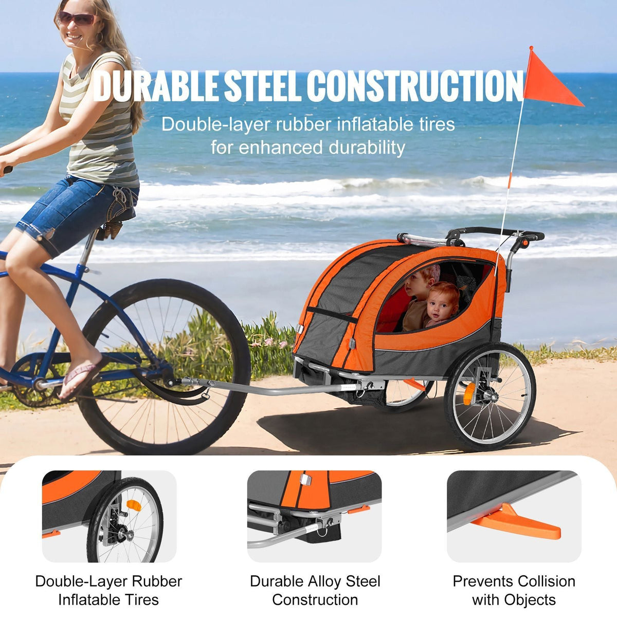 Bike Trailer for Toddlers, Kids, Double Seat, 100 lbs Load, 2-In-1 Canopy Carrier Converts to Stroller, Tow Behind Foldable Child Bicycle Trailer with Universal Bicycle Coupler, Orange and Gray