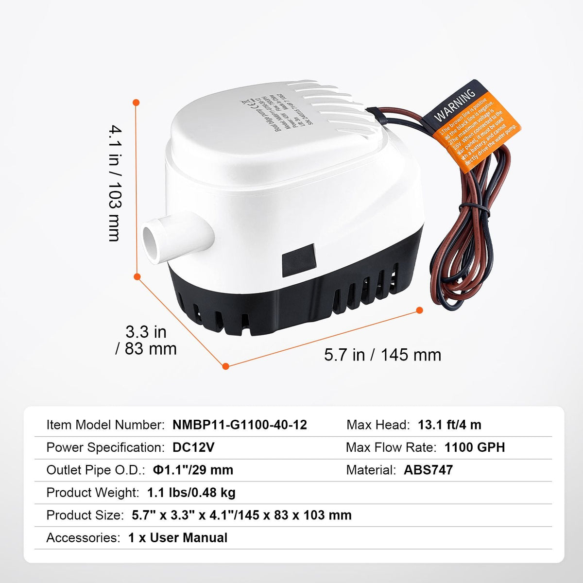 Bilge Pump, 1100GPH 12V Automatic Submersible Boat Bilge Water Pump with Float Switch, 1.1" Outlet Diameter, Small Boat Bilge Pump, Marine Electric Bilge Pump for Boats, Ponds, Pools, Basements