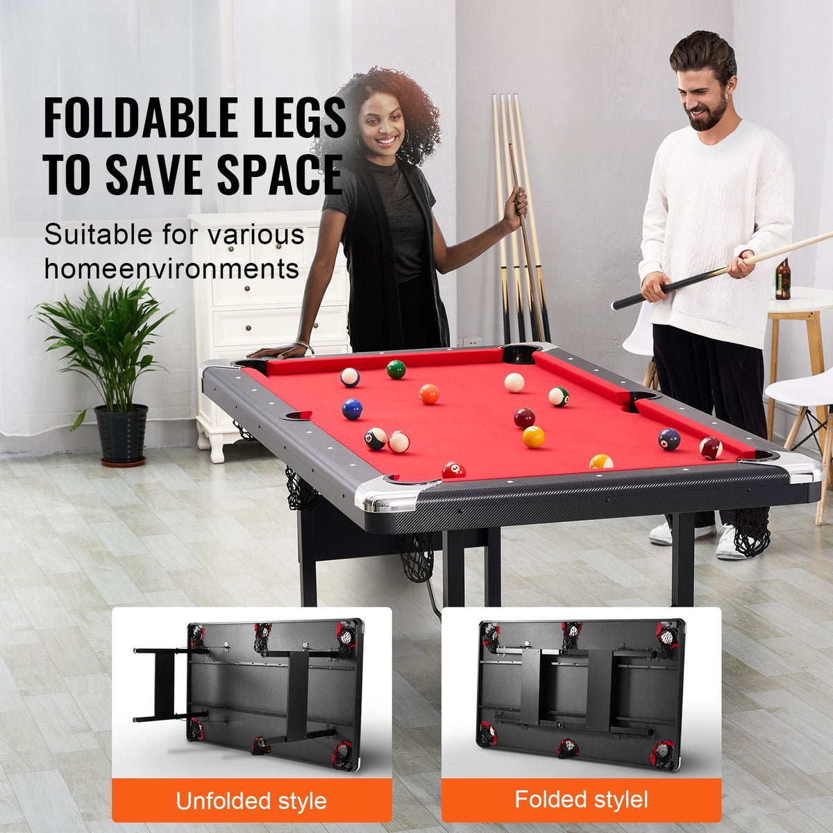 Billiards Table, 6.3 ft Pool Table, Portable Foldable Space-Saving Table, Billiard Table Set Includes Balls, Cues, Chalks and Brush, Black with Red Cloth, Perfect for Family Game Room Kid Adult