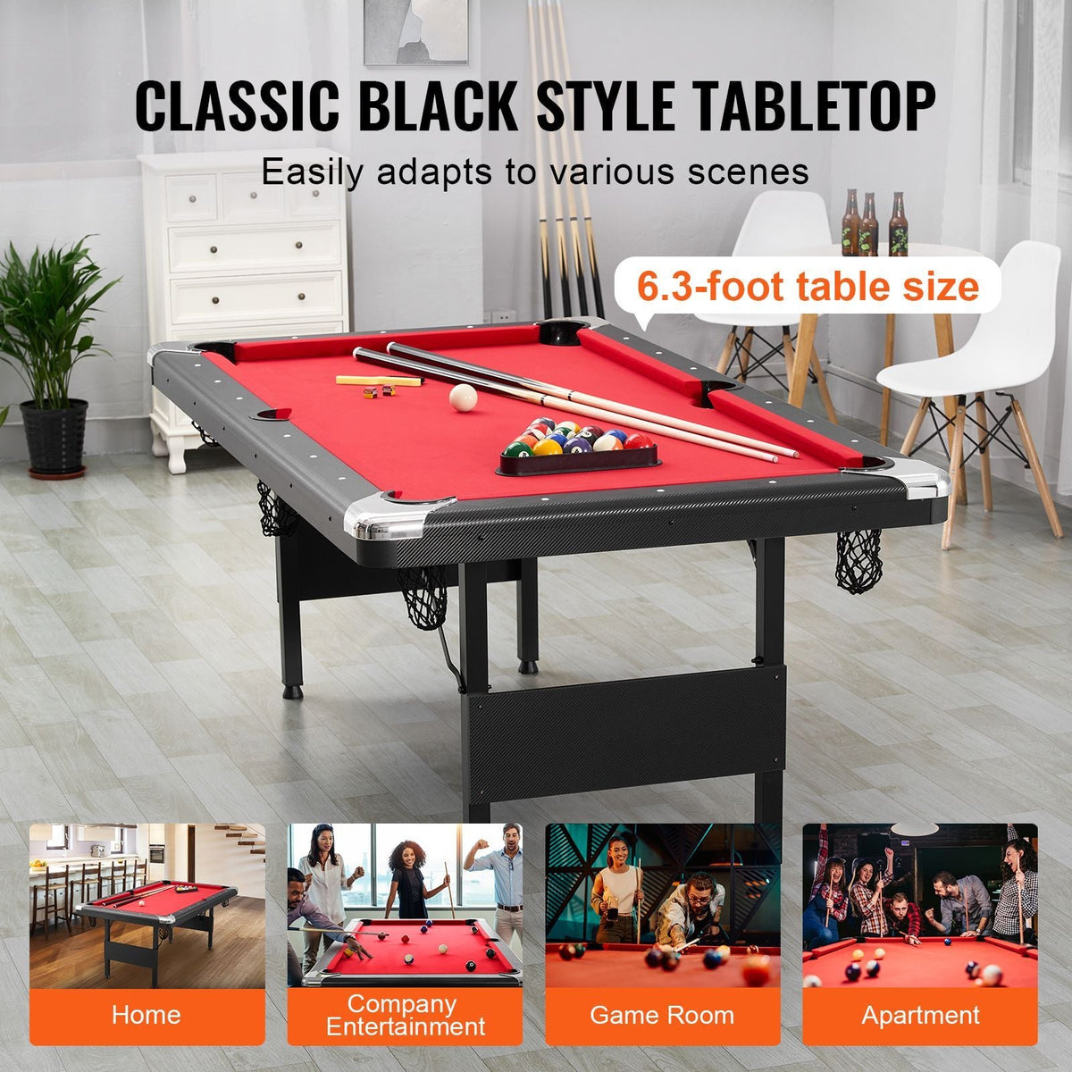 Billiards Table, 6.3 ft Pool Table, Portable Foldable Space-Saving Table, Billiard Table Set Includes Balls, Cues, Chalks and Brush, Black with Red Cloth, Perfect for Family Game Room Kid Adult