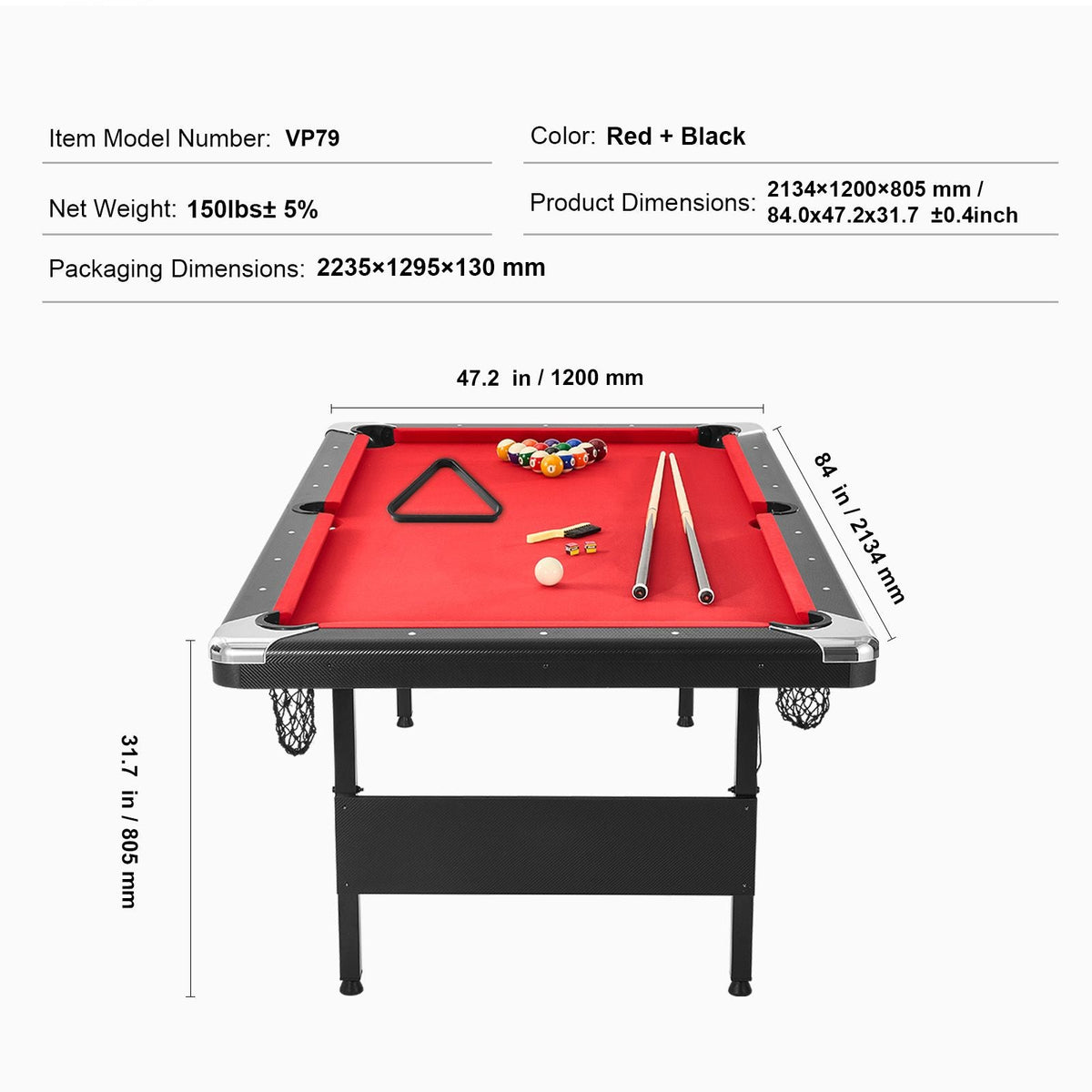 Billiards Table, 7 ft Pool Table, Portable Foldable Space-Saving Table, Billiard Table Set Includes Balls, Cues, Chalks and Brush, Black with Red Cloth, Perfect for Family Game Room Kids Adults