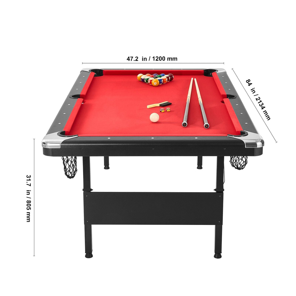 Billiards Table, 7 ft Pool Table, Portable Foldable Space-Saving Table, Billiard Table Set Includes Balls, Cues, Chalks and Brush, Black with Red Cloth, Perfect for Family Game Room Kids Adults