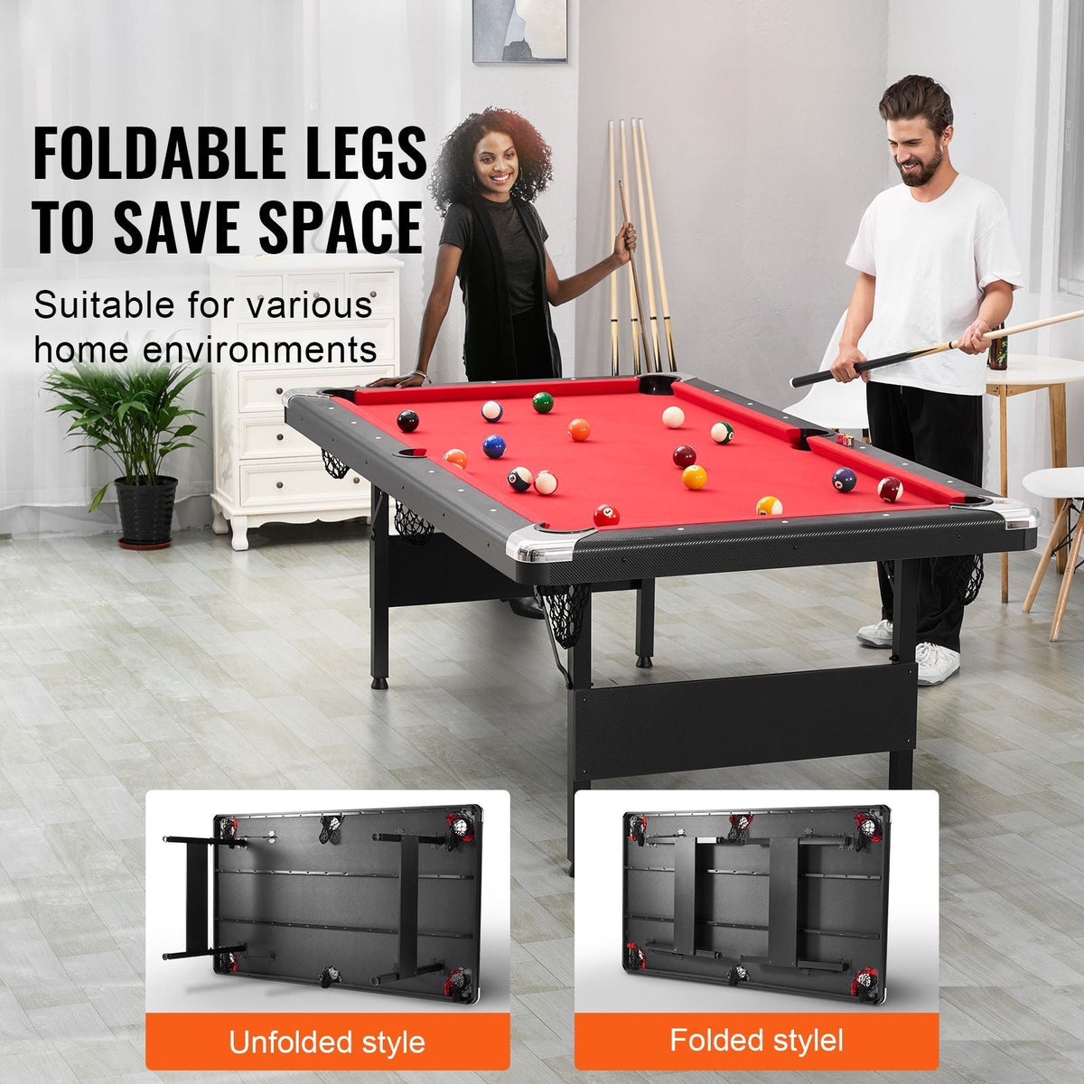 Billiards Table, 7 ft Pool Table, Portable Foldable Space-Saving Table, Billiard Table Set Includes Balls, Cues, Chalks and Brush, Black with Red Cloth, Perfect for Family Game Room Kids Adults