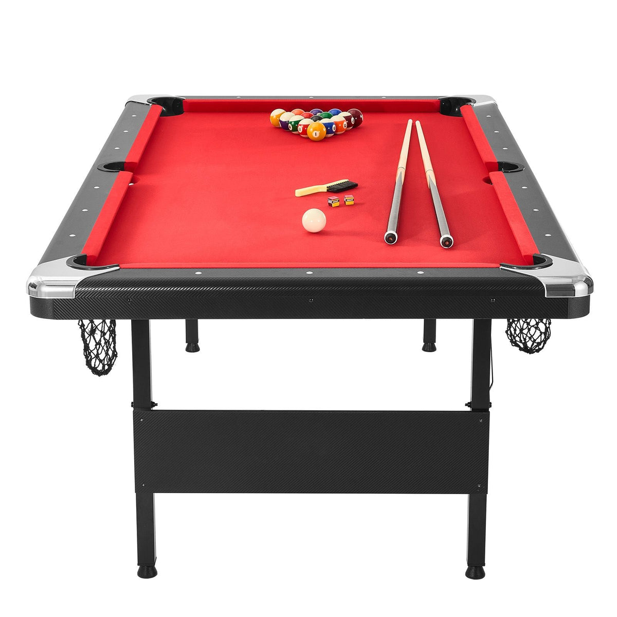 Billiards Table, 7 ft Pool Table, Portable Foldable Space-Saving Table, Billiard Table Set Includes Balls, Cues, Chalks and Brush, Black with Red Cloth, Perfect for Family Game Room Kids Adults