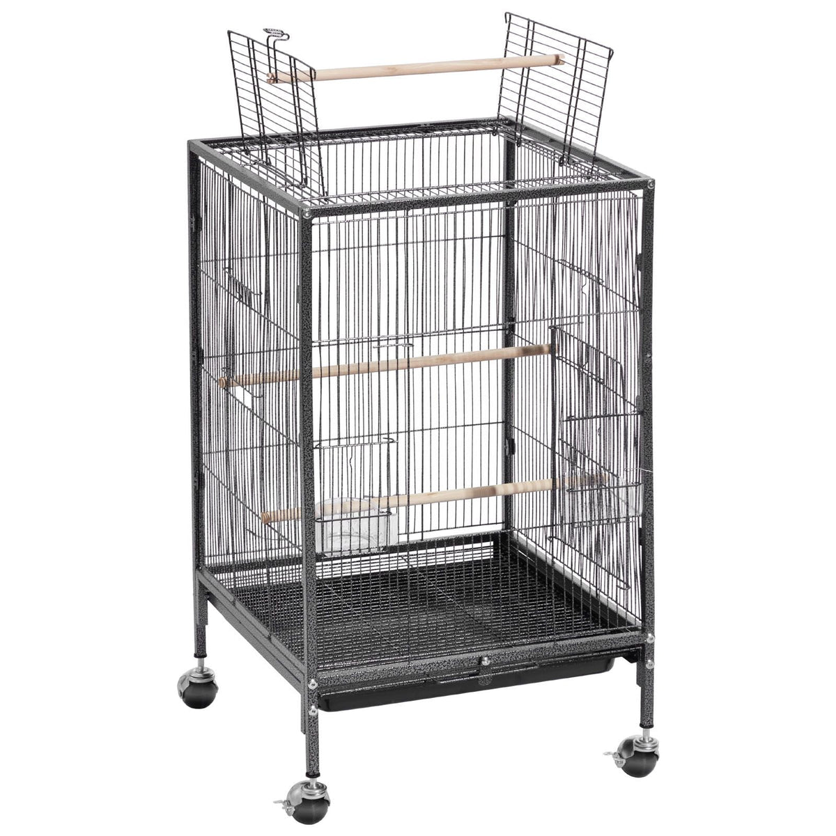 Bird Cage, 18 x 18 x 30 inch, Open Flat Top, Wrought Iron Bird Flight Cage with Perches, Slide-Out Tray and Plastic Feeders, Casters, for Parrot, Blue Tit, Cockatiel, Canary, Budgerigar, Conure