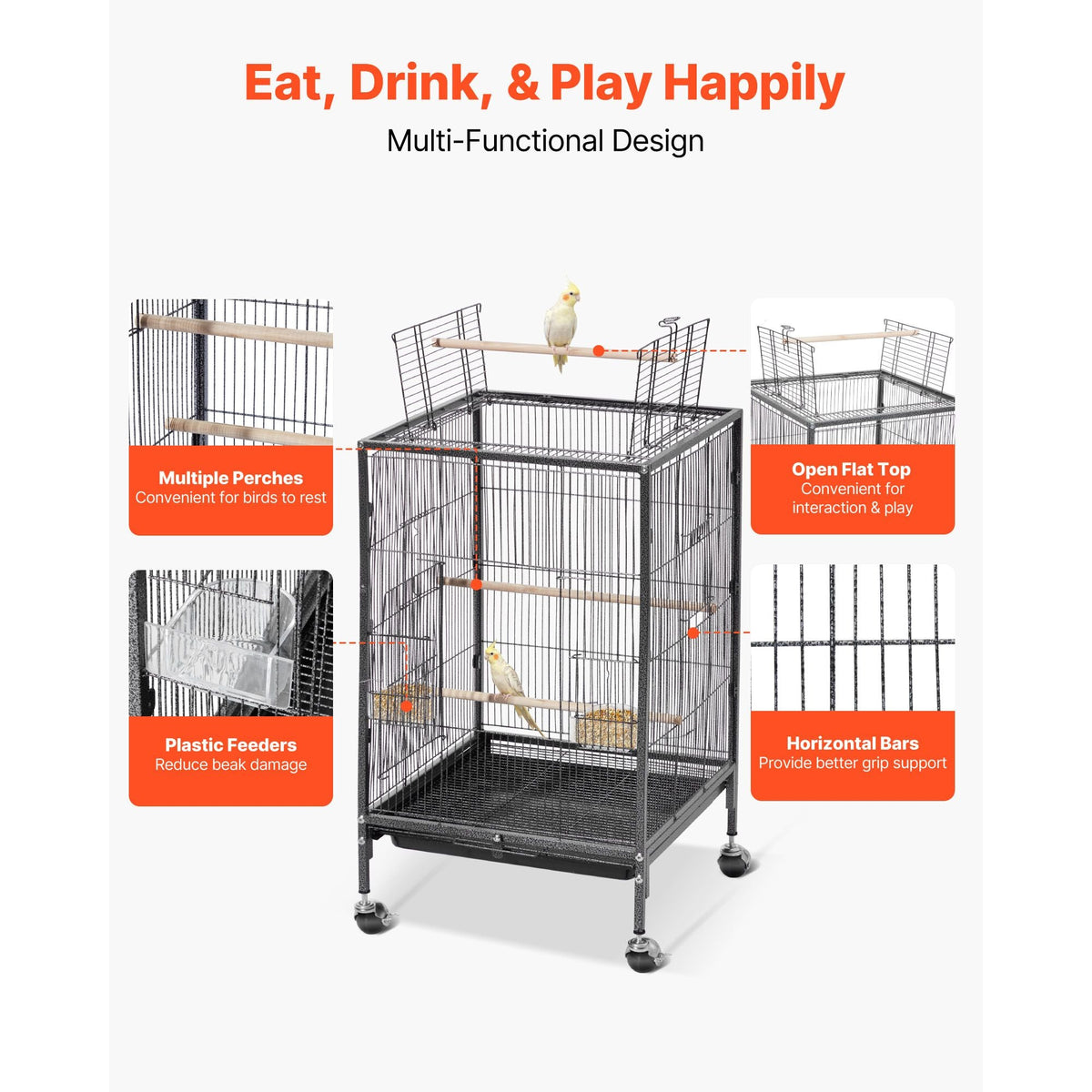 Bird Cage, 18 x 18 x 30 inch, Open Flat Top, Wrought Iron Bird Flight Cage with Perches, Slide-Out Tray and Plastic Feeders, Casters, for Parrot, Blue Tit, Cockatiel, Canary, Budgerigar, Conure