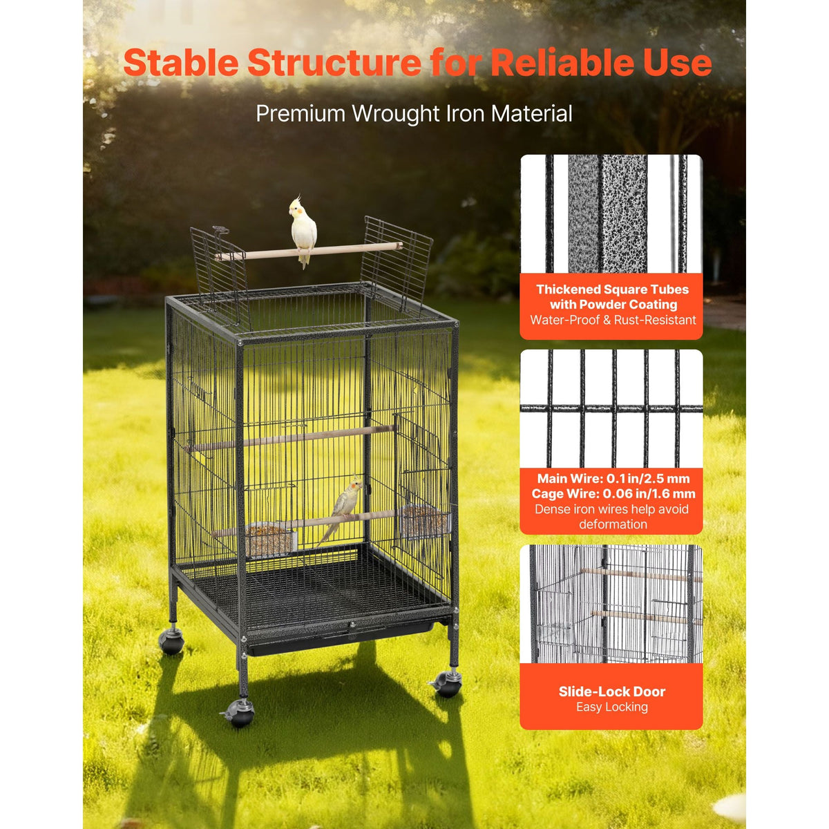 Bird Cage, 18 x 18 x 30 inch, Open Flat Top, Wrought Iron Bird Flight Cage with Perches, Slide-Out Tray and Plastic Feeders, Casters, for Parrot, Blue Tit, Cockatiel, Canary, Budgerigar, Conure