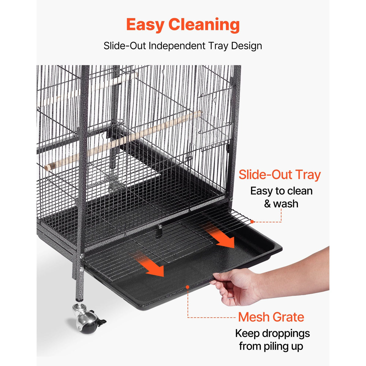 Bird Cage, 18 x 18 x 30 inch, Open Flat Top, Wrought Iron Bird Flight Cage with Perches, Slide-Out Tray and Plastic Feeders, Casters, for Parrot, Blue Tit, Cockatiel, Canary, Budgerigar, Conure