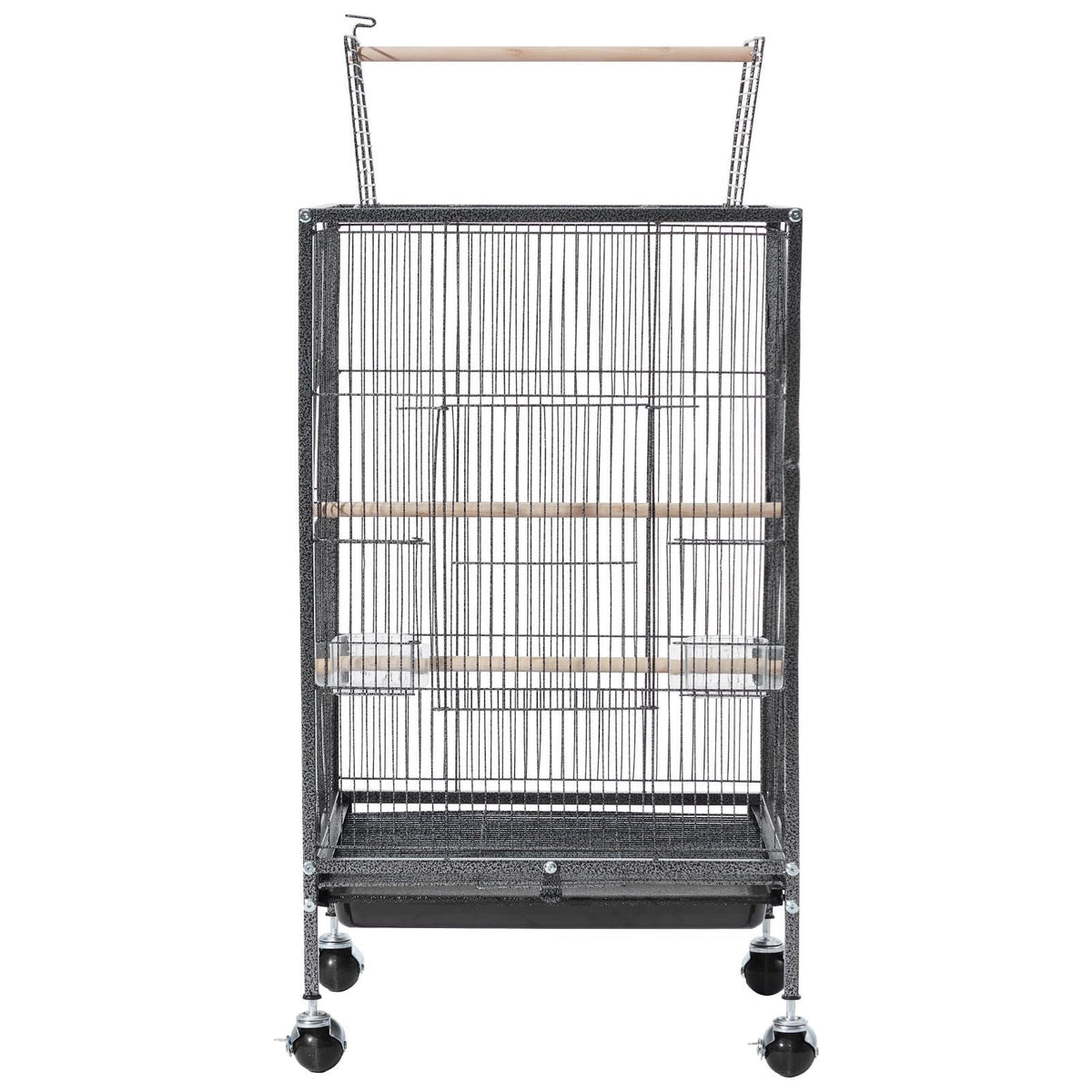 Bird Cage, 18 x 18 x 30 inch, Open Flat Top, Wrought Iron Bird Flight Cage with Perches, Slide-Out Tray and Plastic Feeders, Casters, for Parrot, Blue Tit, Cockatiel, Canary, Budgerigar, Conure