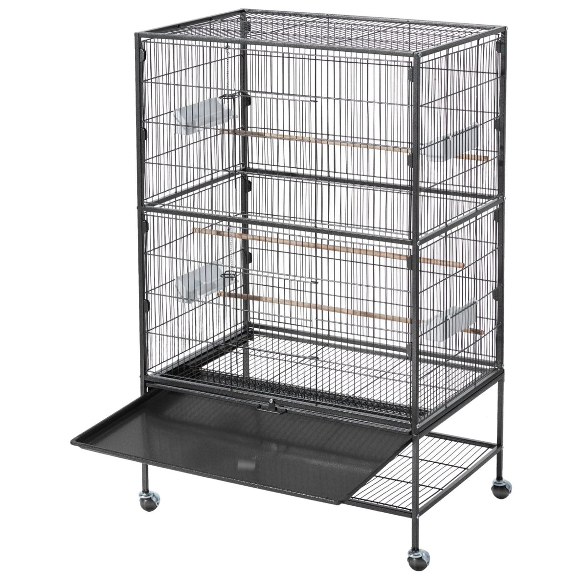 Bird Cage, 31.5 x 20.5 x 52 inch, Flat Top, Wrought Iron Bird Flight Cage with Perches, Slide-Out Tray and Plastic Feeders, Casters, for Parrot, Blue Tit, Cockatiel, Canary, and Monk Parakeet
