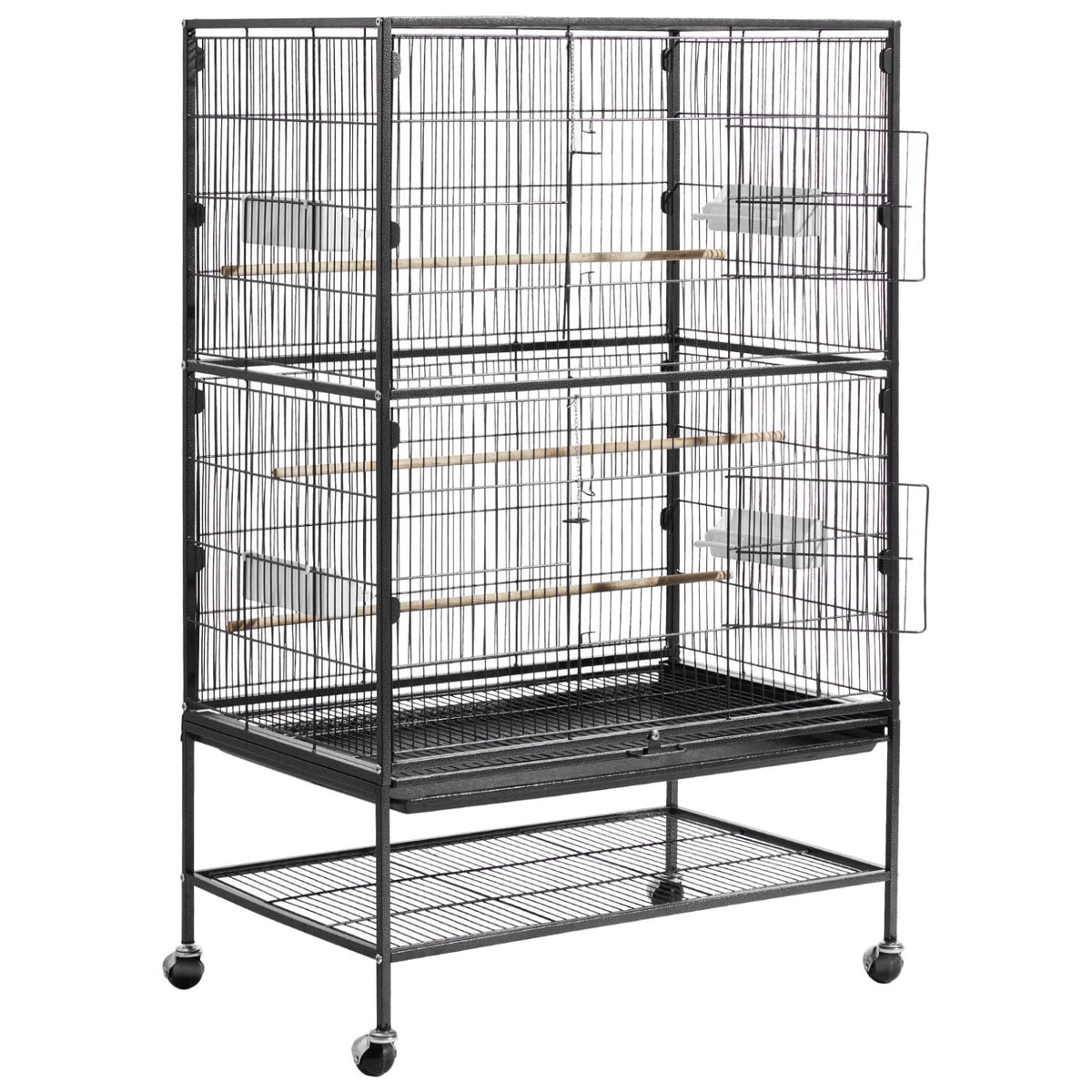 Bird Cage, 31.5 x 20.5 x 52 inch, Flat Top, Wrought Iron Bird Flight Cage with Perches, Slide-Out Tray and Plastic Feeders, Casters, for Parrot, Blue Tit, Cockatiel, Canary, and Monk Parakeet