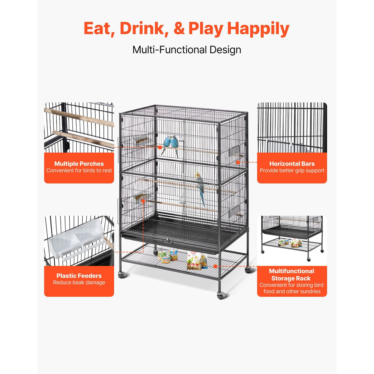 Bird Cage, 31.5 x 20.5 x 52 inch, Flat Top, Wrought Iron Bird Flight Cage with Perches, Slide-Out Tray and Plastic Feeders, Casters, for Parrot, Blue Tit, Cockatiel, Canary, and Monk Parakeet