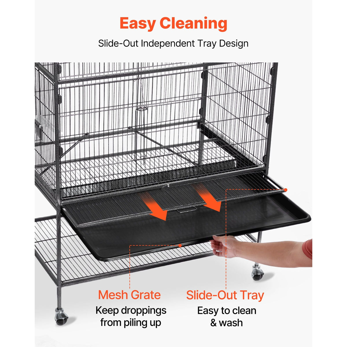 Bird Cage, 31.5 x 20.5 x 52 inch, Flat Top, Wrought Iron Bird Flight Cage with Perches, Slide-Out Tray and Plastic Feeders, Casters, for Parrot, Blue Tit, Cockatiel, Canary, and Monk Parakeet