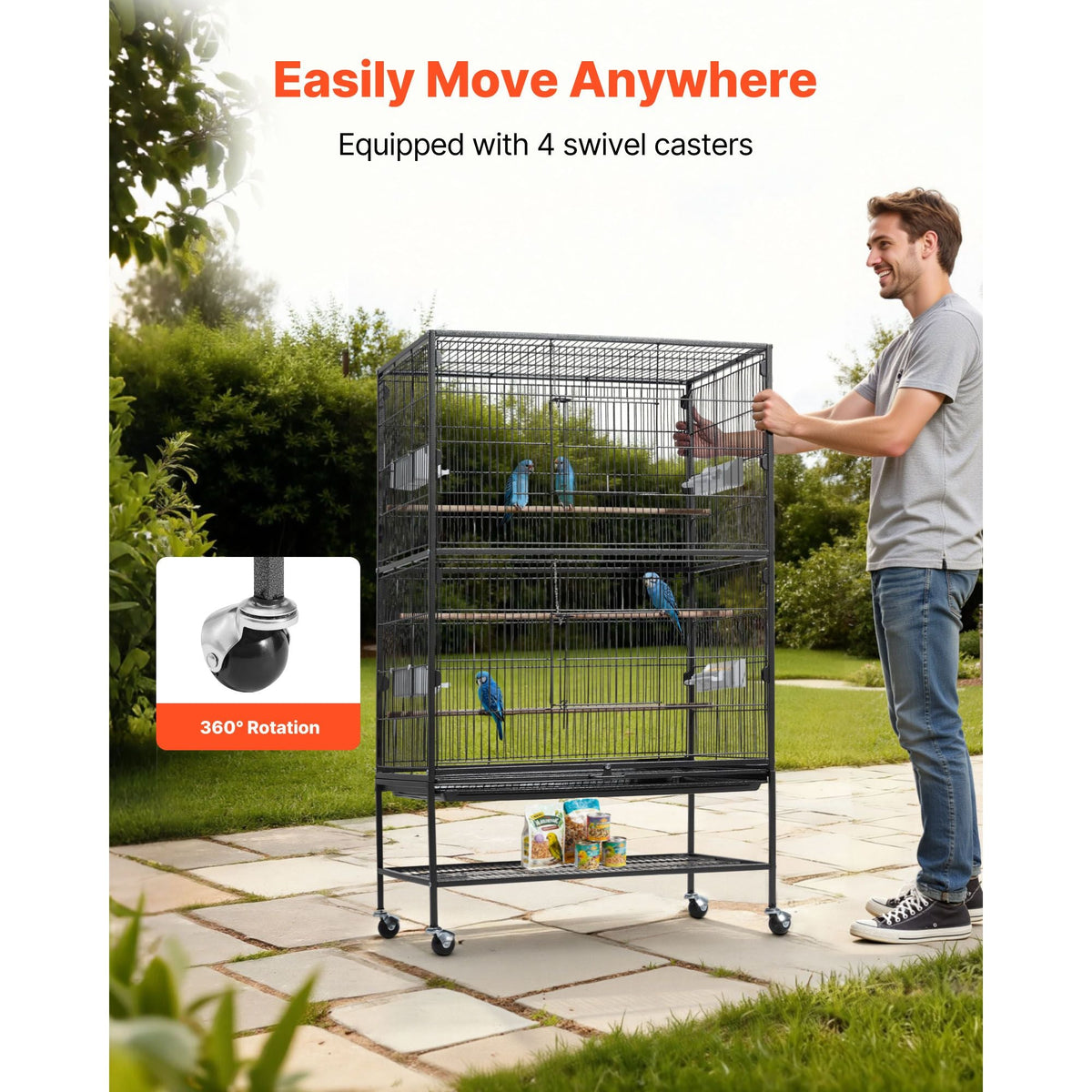 Bird Cage, 31.5 x 20.5 x 52 inch, Flat Top, Wrought Iron Bird Flight Cage with Perches, Slide-Out Tray and Plastic Feeders, Casters, for Parrot, Blue Tit, Cockatiel, Canary, and Monk Parakeet