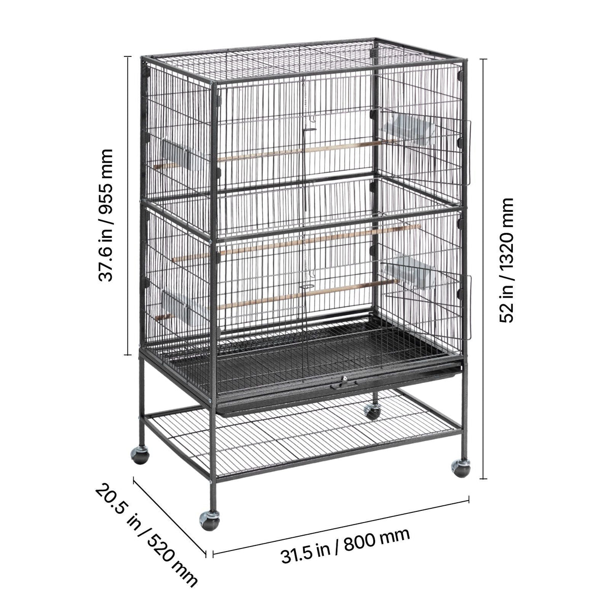 Bird Cage, 31.5 x 20.5 x 52 inch, Flat Top, Wrought Iron Bird Flight Cage with Perches, Slide-Out Tray and Plastic Feeders, Casters, for Parrot, Blue Tit, Cockatiel, Canary, and Monk Parakeet