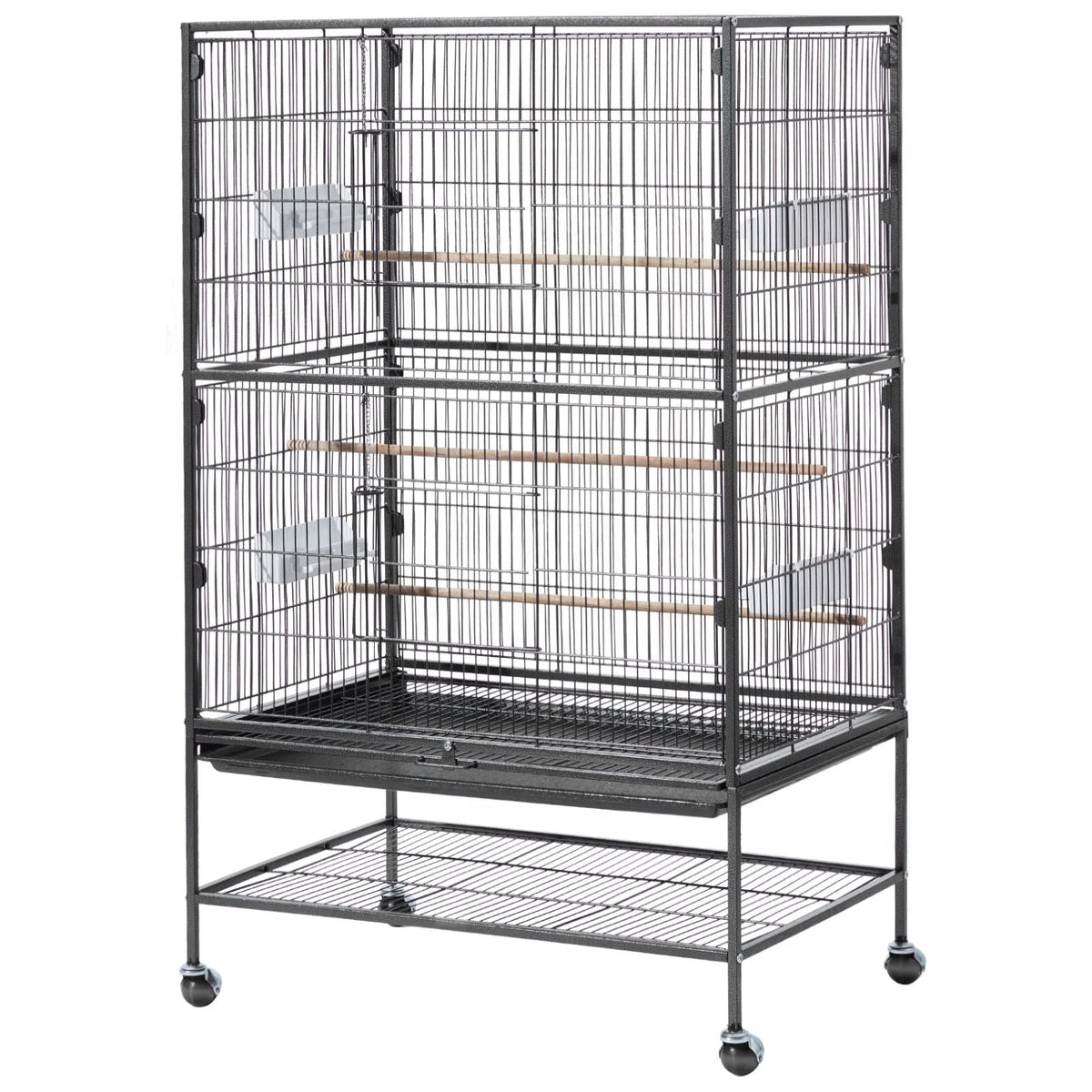 Bird Cage, 31.5 x 20.5 x 52 inch, Flat Top, Wrought Iron Bird Flight Cage with Perches, Slide-Out Tray and Plastic Feeders, Casters, for Parrot, Blue Tit, Cockatiel, Canary, and Monk Parakeet