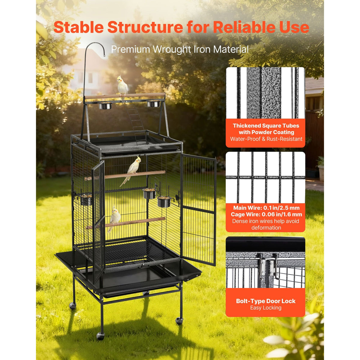 Bird Cage, 32.7 x 31.1 x 82.7 inch, Open Flat Top, Wrought Iron Bird Flight Cage with Perches, Slide-Out Tray, Plastic Feeders, for Cockatiel, Monk Parakeet, Amazon Parrot, African Grey Parrot