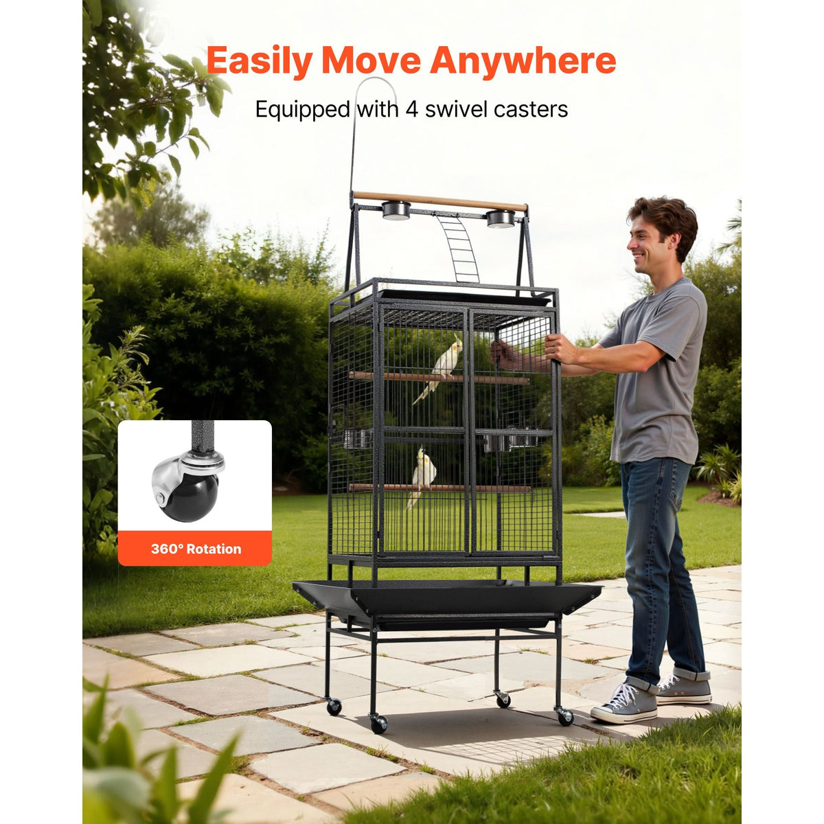 Bird Cage, 32.7 x 31.1 x 82.7 inch, Open Flat Top, Wrought Iron Bird Flight Cage with Perches, Slide-Out Tray, Plastic Feeders, for Cockatiel, Monk Parakeet, Amazon Parrot, African Grey Parrot