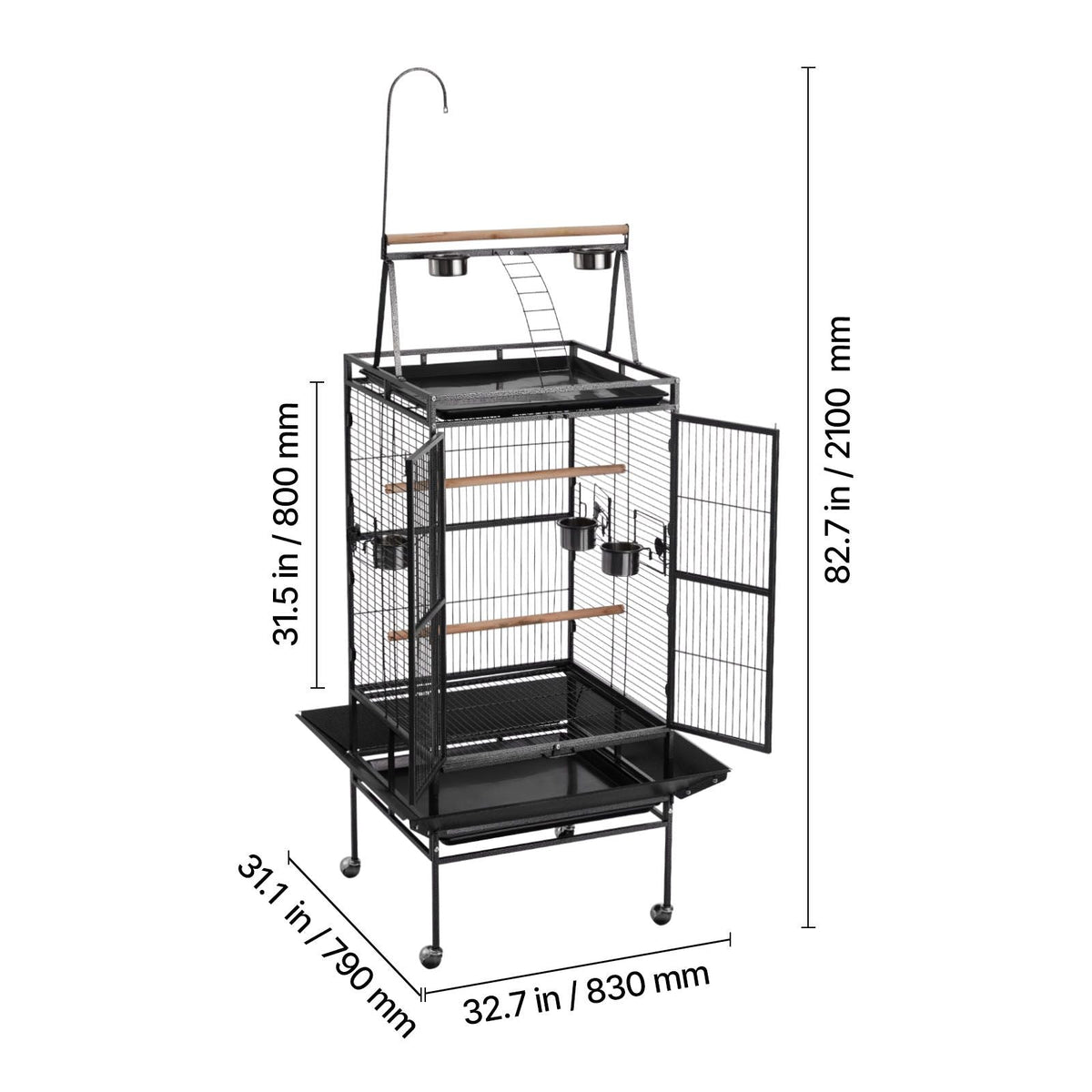 Bird Cage, 32.7 x 31.1 x 82.7 inch, Open Flat Top, Wrought Iron Bird Flight Cage with Perches, Slide-Out Tray, Plastic Feeders, for Cockatiel, Monk Parakeet, Amazon Parrot, African Grey Parrot