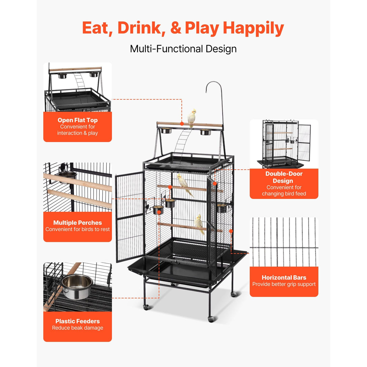 Bird Cage, 32.7 x 31.1 x 82.7 inch, Open Flat Top, Wrought Iron Bird Flight Cage with Perches, Slide-Out Tray, Plastic Feeders, for Cockatiel, Monk Parakeet, Amazon Parrot, African Grey Parrot