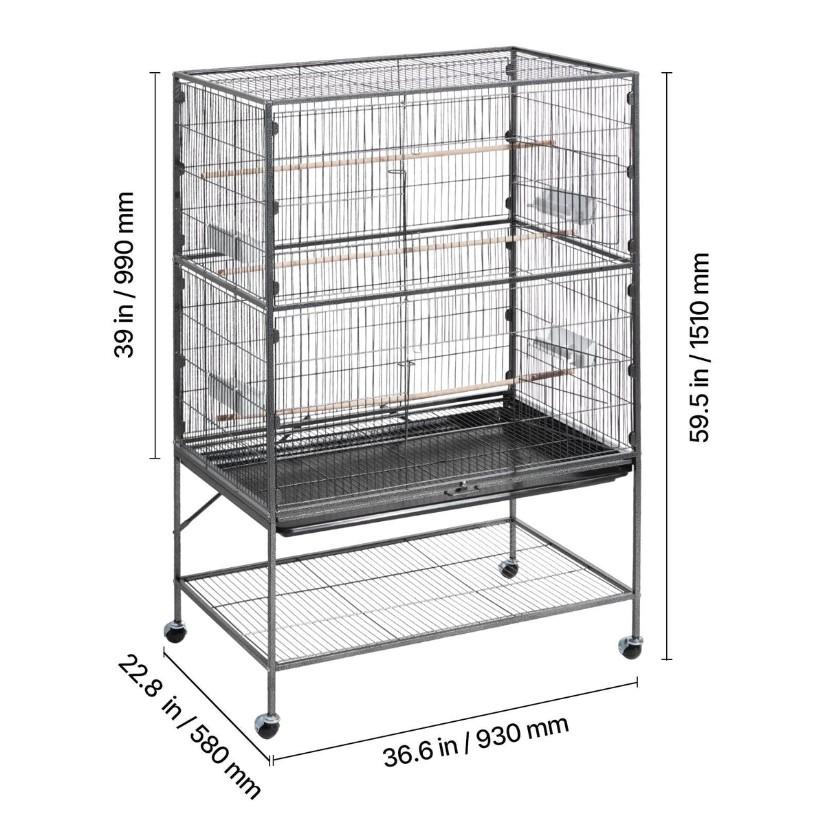 Bird Cage, 36.6 x 22.8 x 59.5 inch, Flat Top, Wrought Iron Bird Flight Cage with Perches, Slide-Out Tray and Plastic Feeders, for Blue Tit, Cockatiel, Canary, Monk Parakeet, African Grey Parrot