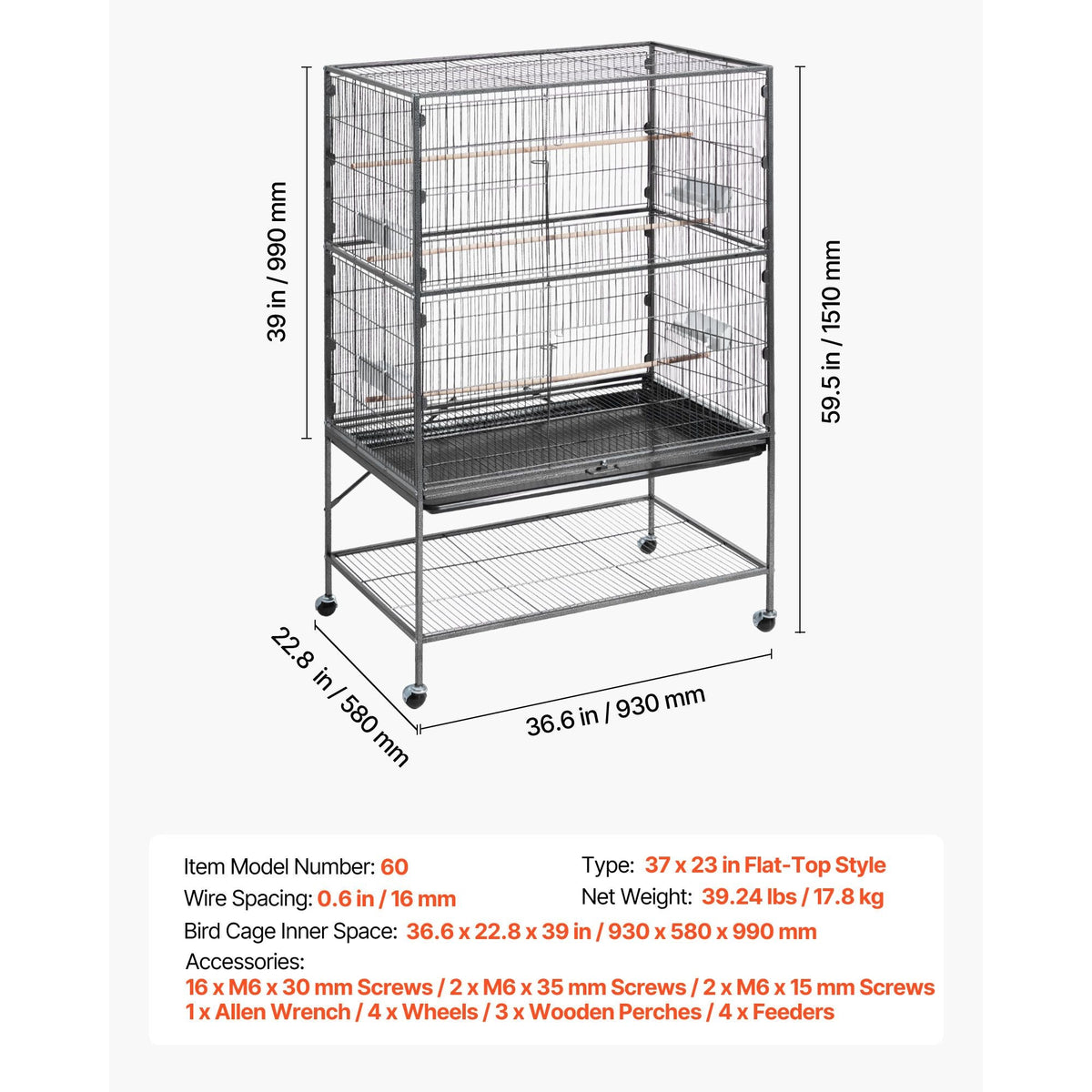 Bird Cage, 36.6 x 22.8 x 59.5 inch, Flat Top, Wrought Iron Bird Flight Cage with Perches, Slide-Out Tray and Plastic Feeders, for Blue Tit, Cockatiel, Canary, Monk Parakeet, African Grey Parrot