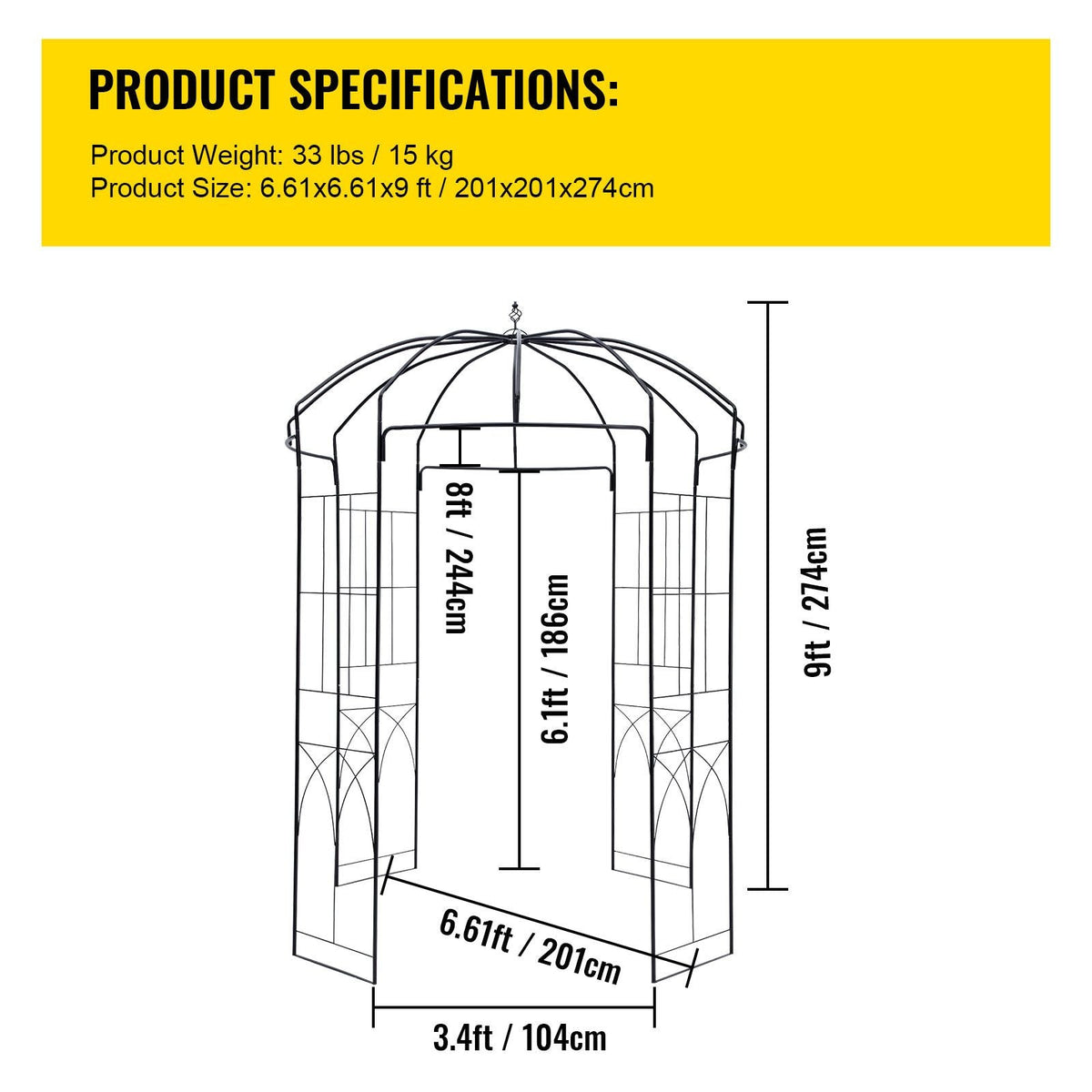 Birdcage Shape Garden Arbor, 9\' High x 6.6\' Wide, Heavy Duty Wrought Iron Arbor, Wedding Arch Trellis for Climbing Vines in Outdoor Garden, Lawn, Backyard, Patio, Black