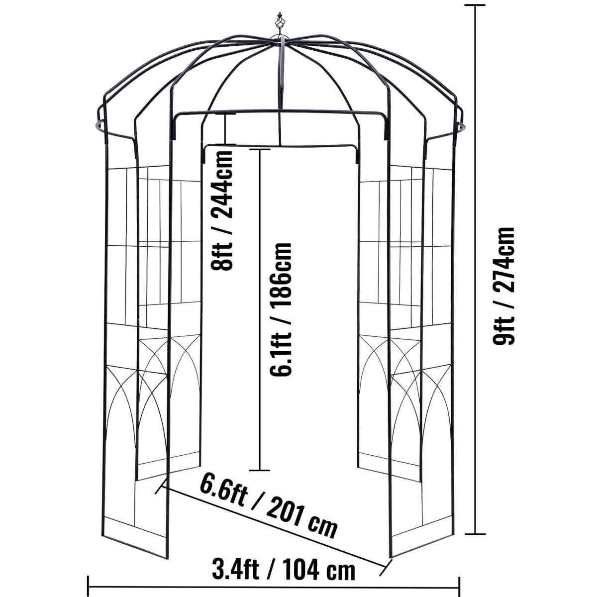 Birdcage Shape Garden Arbor, 9\' High x 6.6\' Wide, Heavy Duty Wrought Iron Arbor, Wedding Arch Trellis for Climbing Vines in Outdoor Garden, Lawn, Backyard, Patio, Black